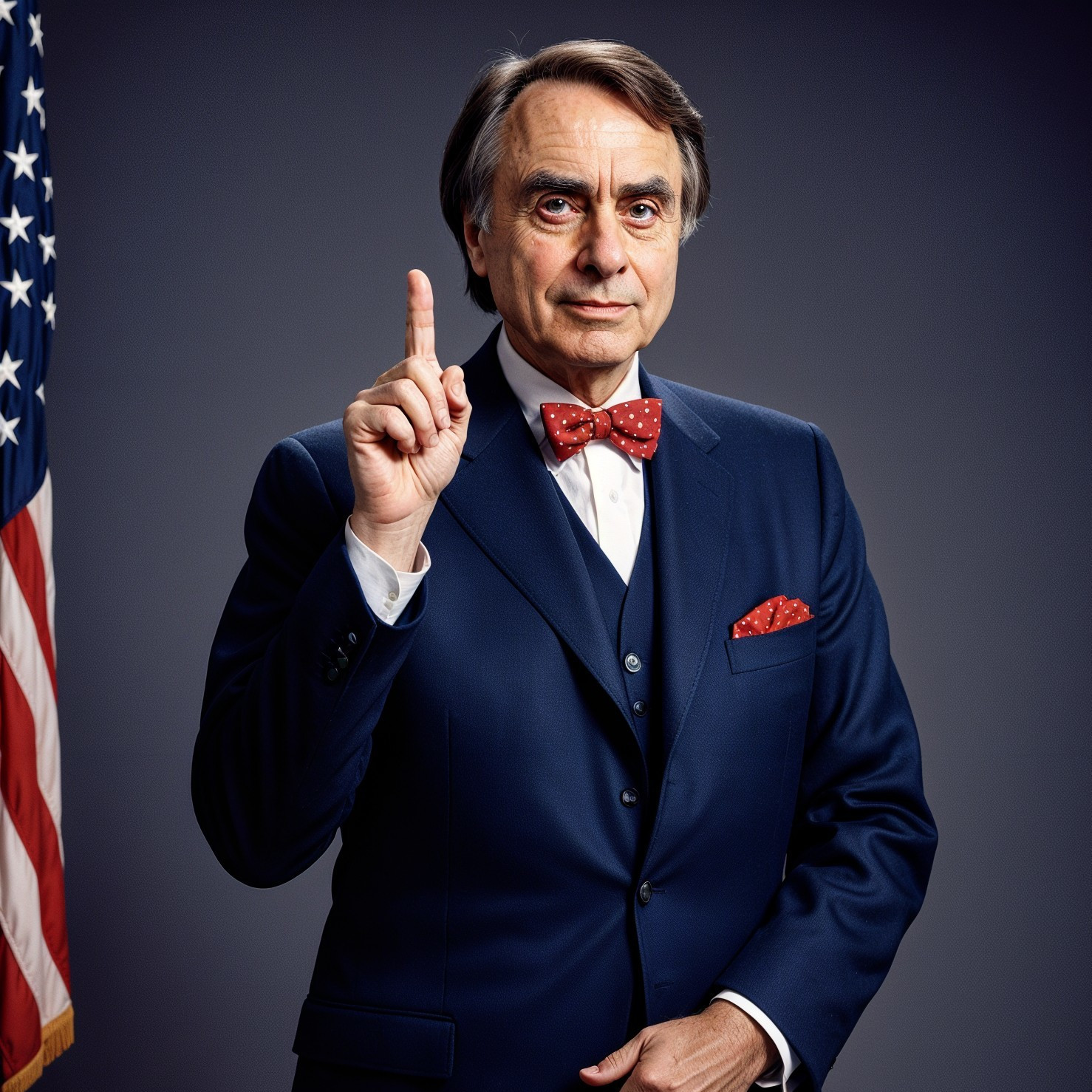 Man in Blue Suit with Bow Tie and American Flag