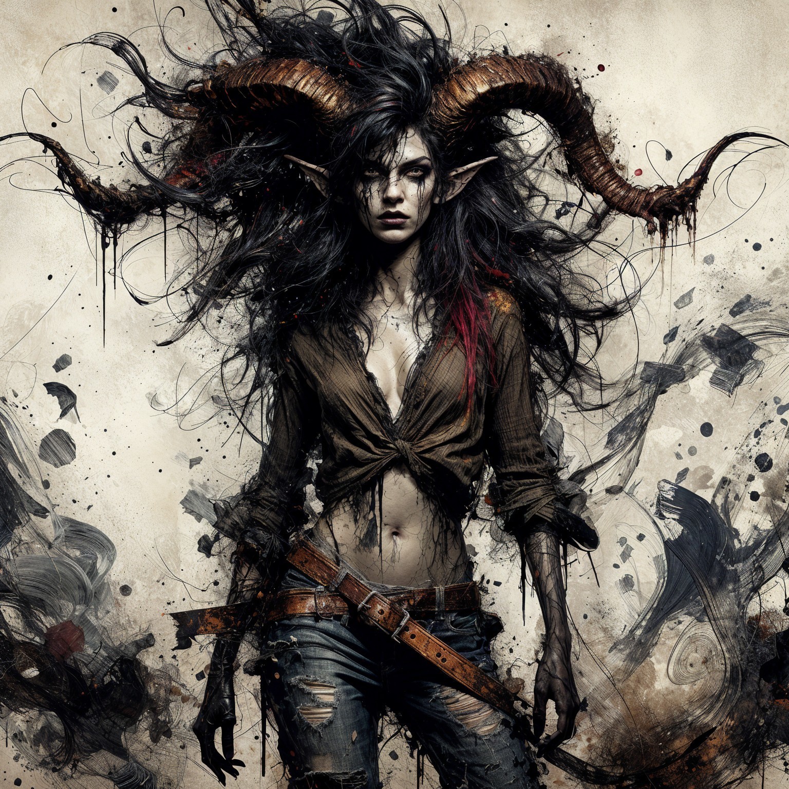 Fantasy Character with Dark Hair and Prominent Horns