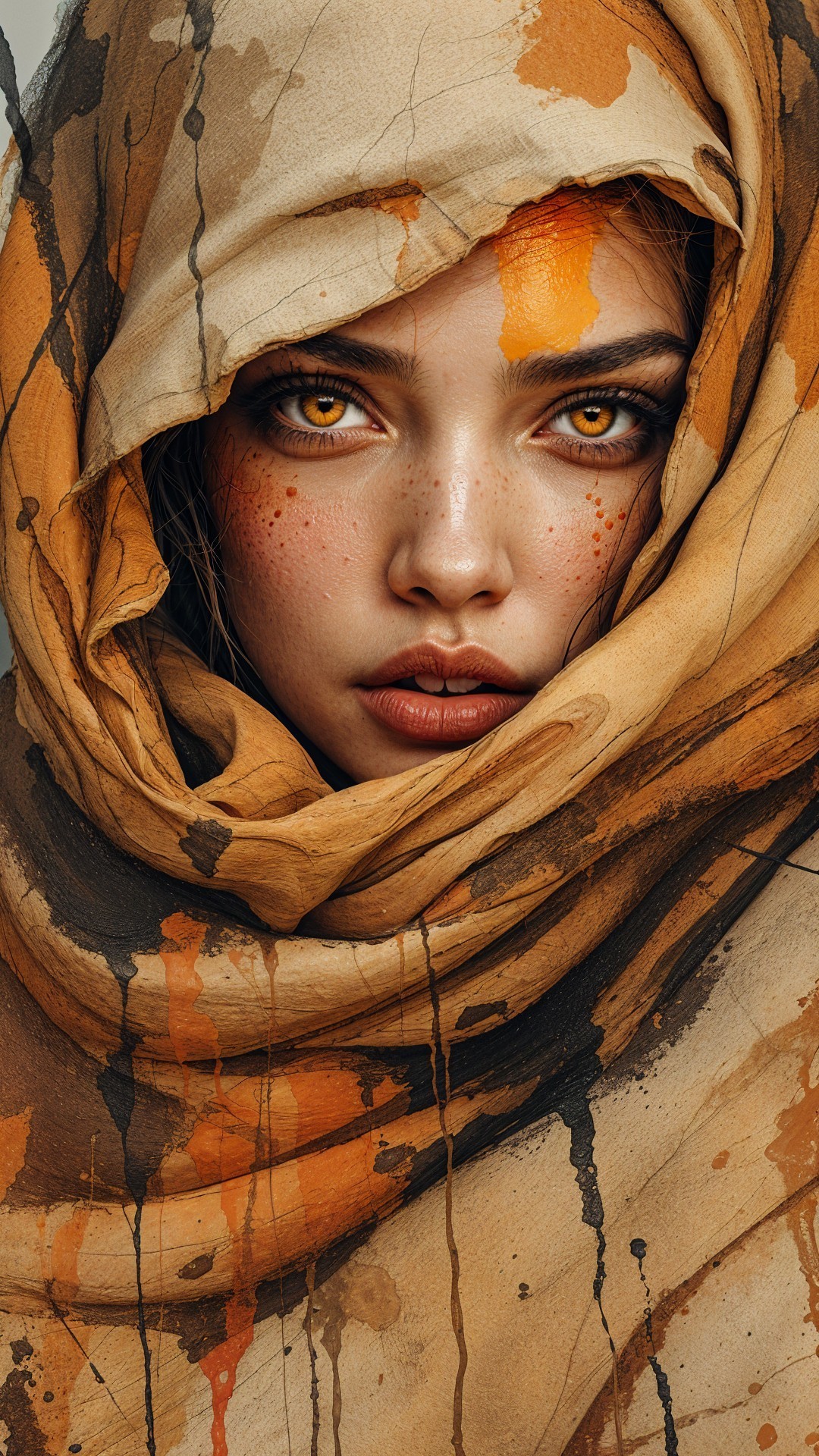 Portrait of a woman with patterned scarf and golden eyes