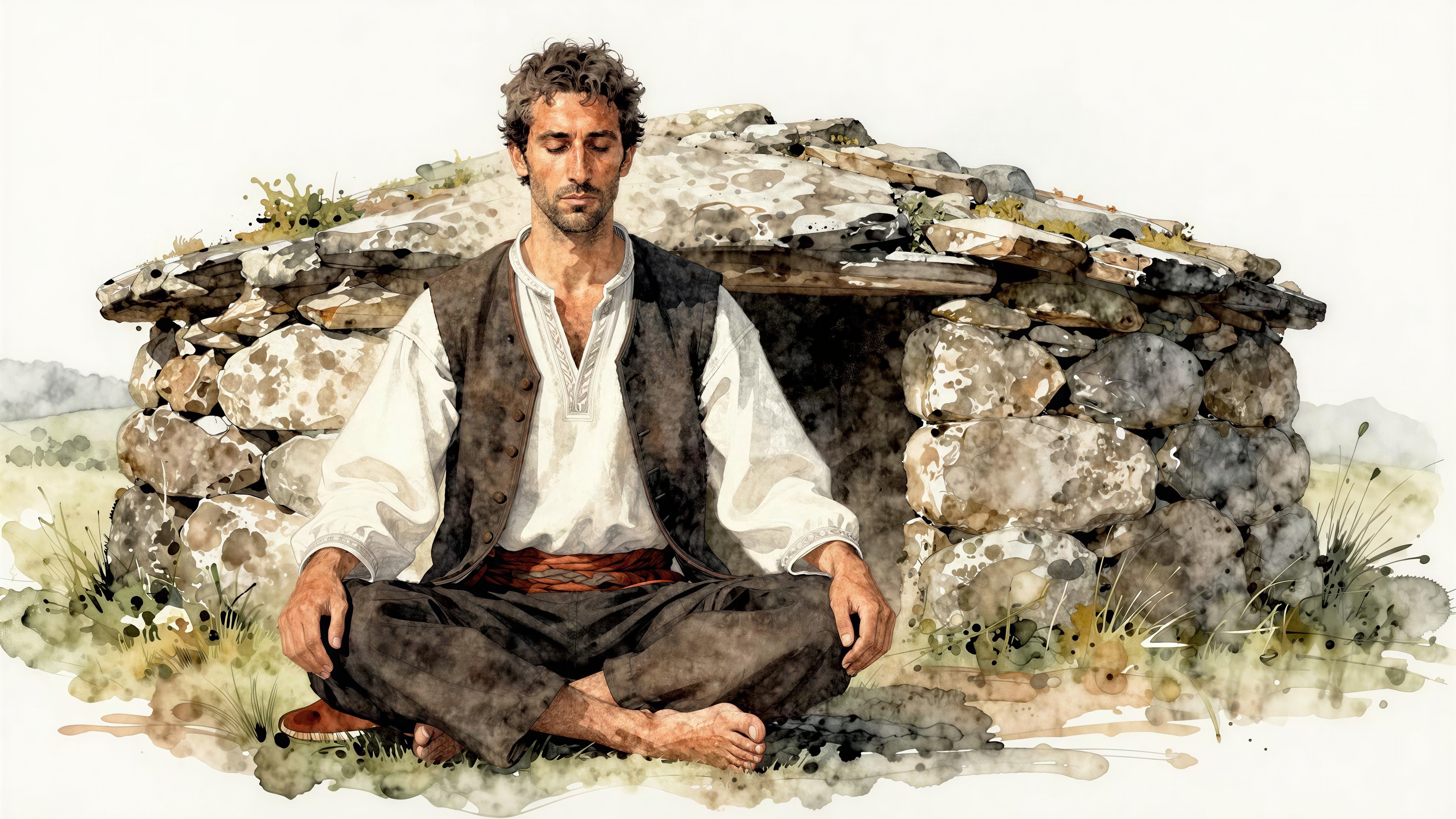 Watercolor Painting of a Meditating Man by a Stone Hut