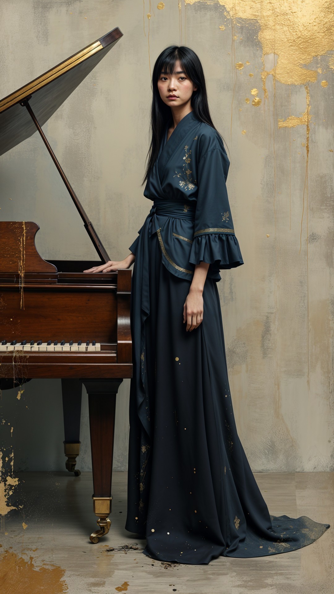 Elegant Woman in Dark Gown by Grand Piano