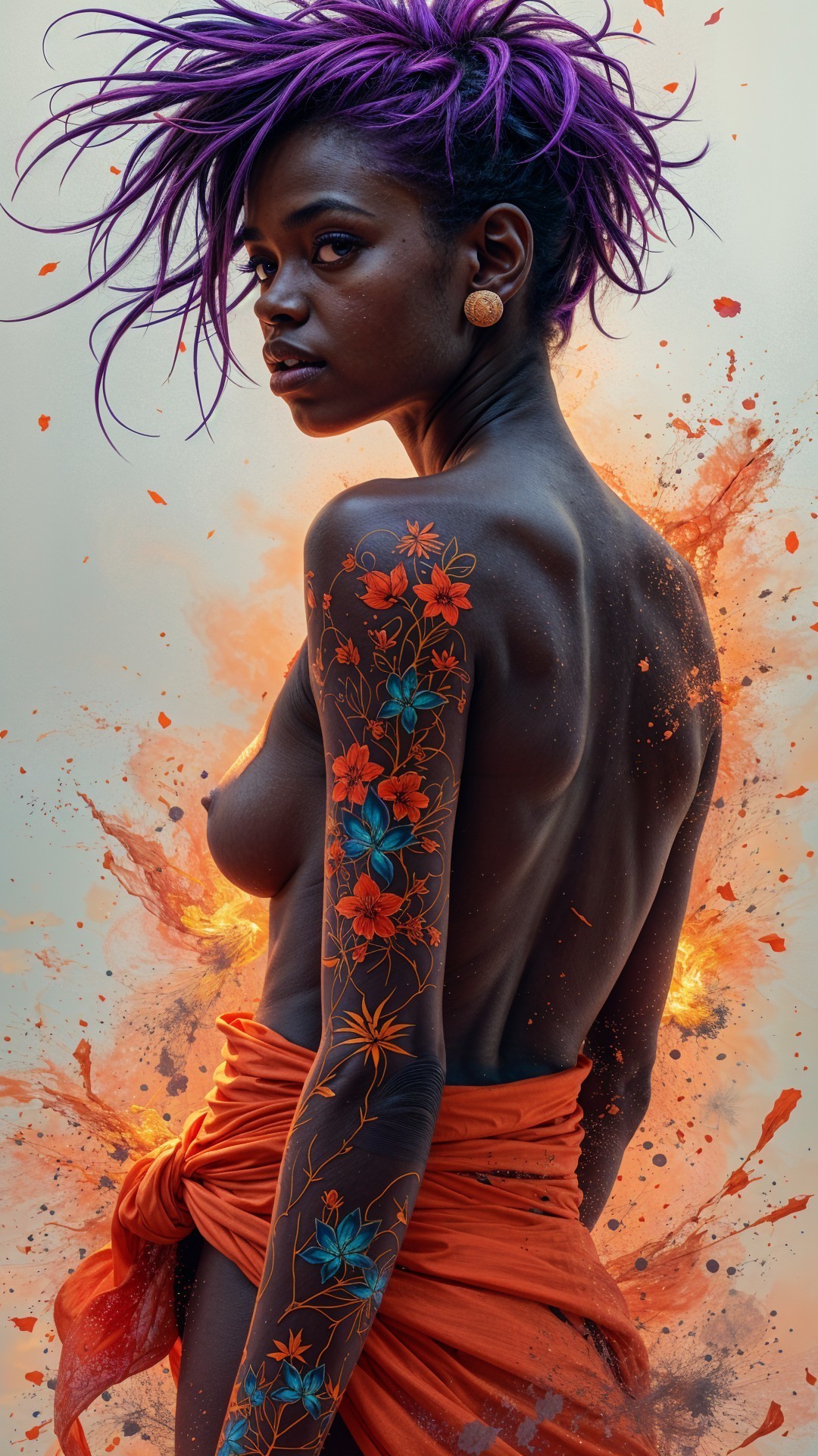 Woman with Purple Hair and Floral Tattoos in Fiery Background