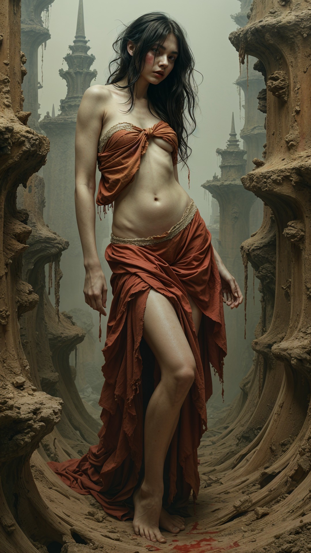 Surreal Figure in Tattered Red Garment in Dark Landscape