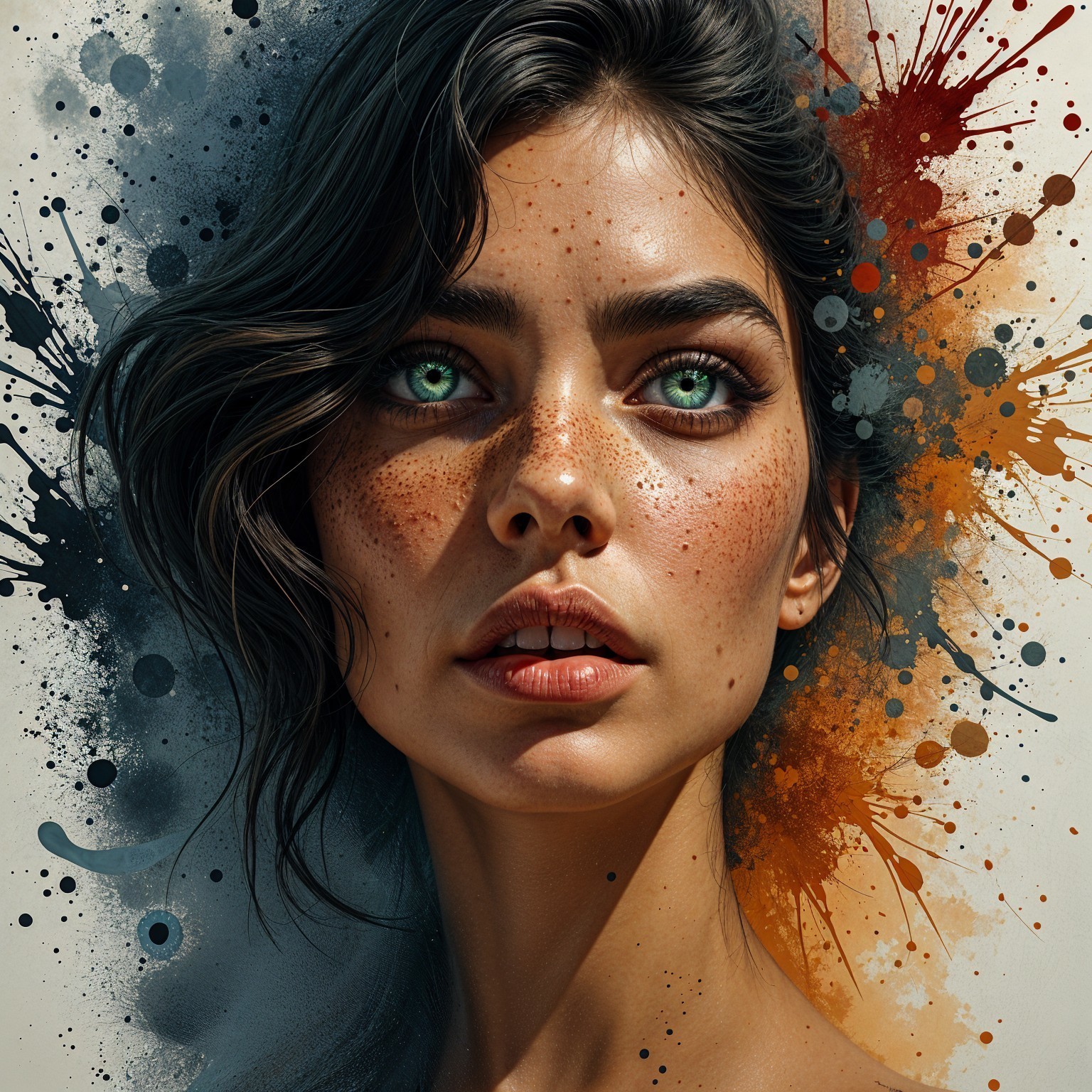 Portrait of a Young Woman with Green Eyes and Freckles