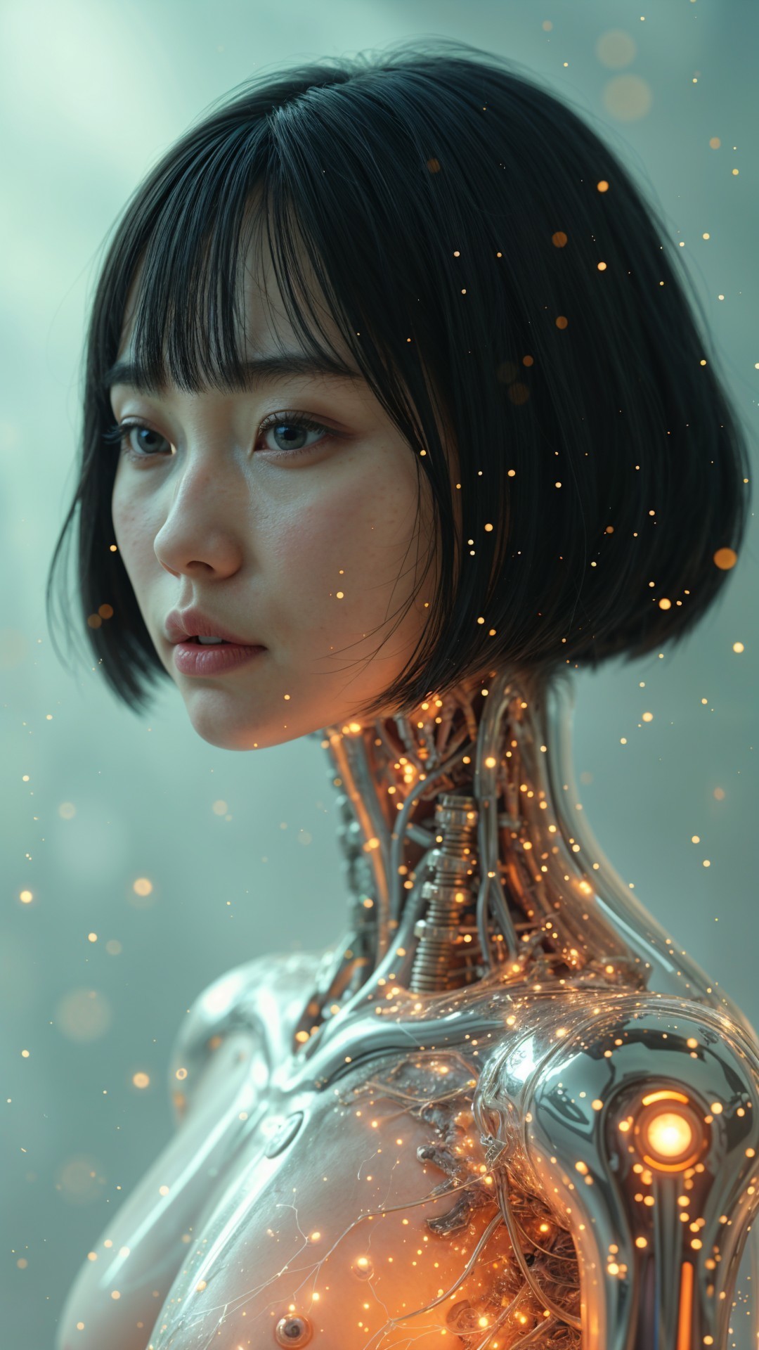 Futuristic humanoid robot with metallic body and circuitry