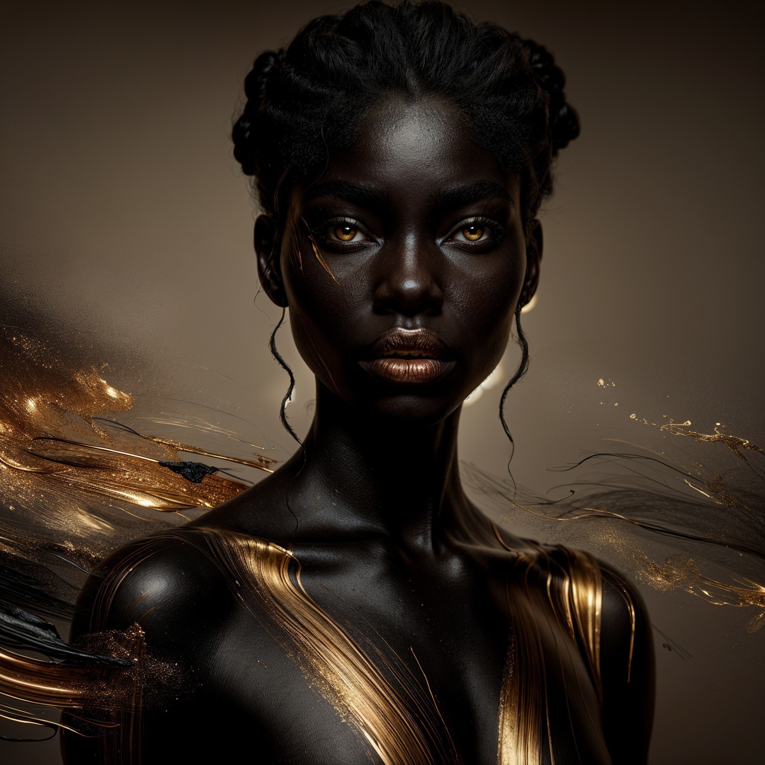 Portrait of a woman with rich skin and golden eyes
