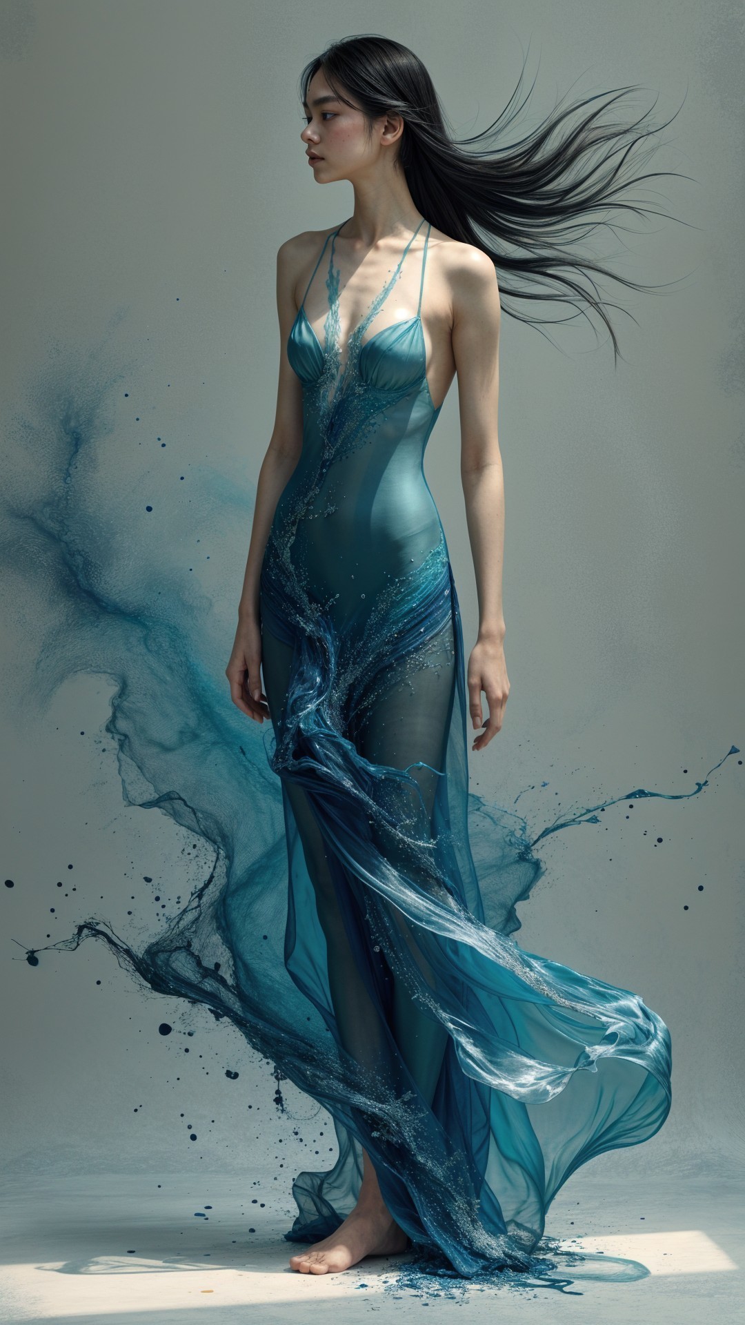 Graceful Figure in Translucent Gown Amidst Water
