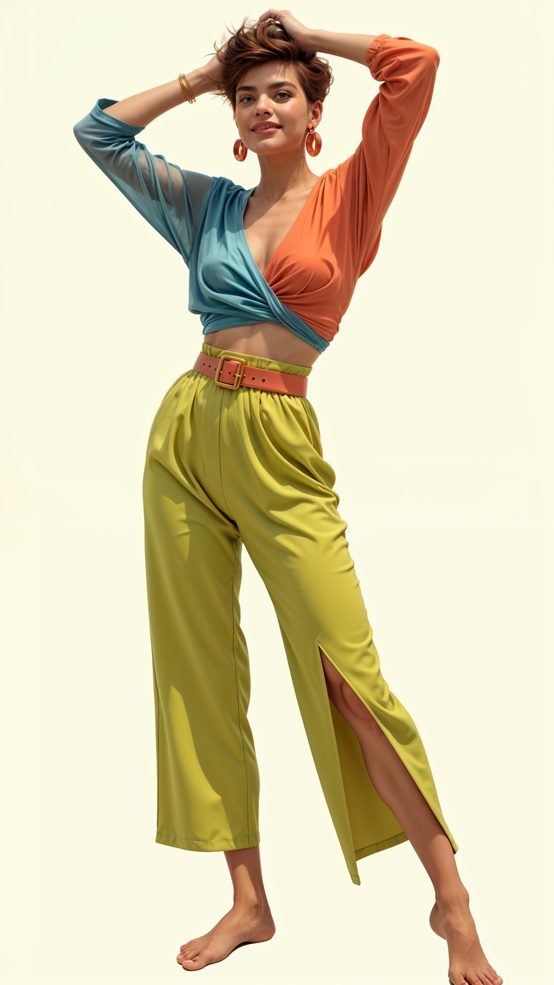 Stylish Model in Vibrant Two-Tone Summer Outfit