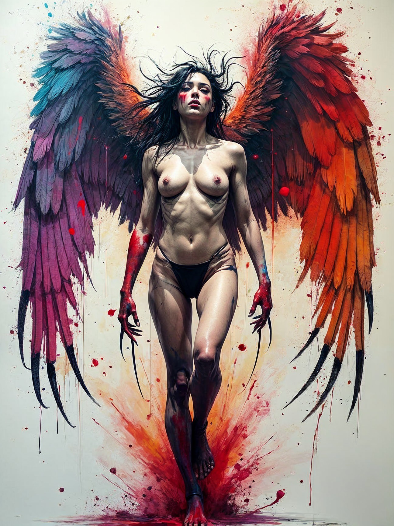 Woman with Colorful Wings in Fiery Background