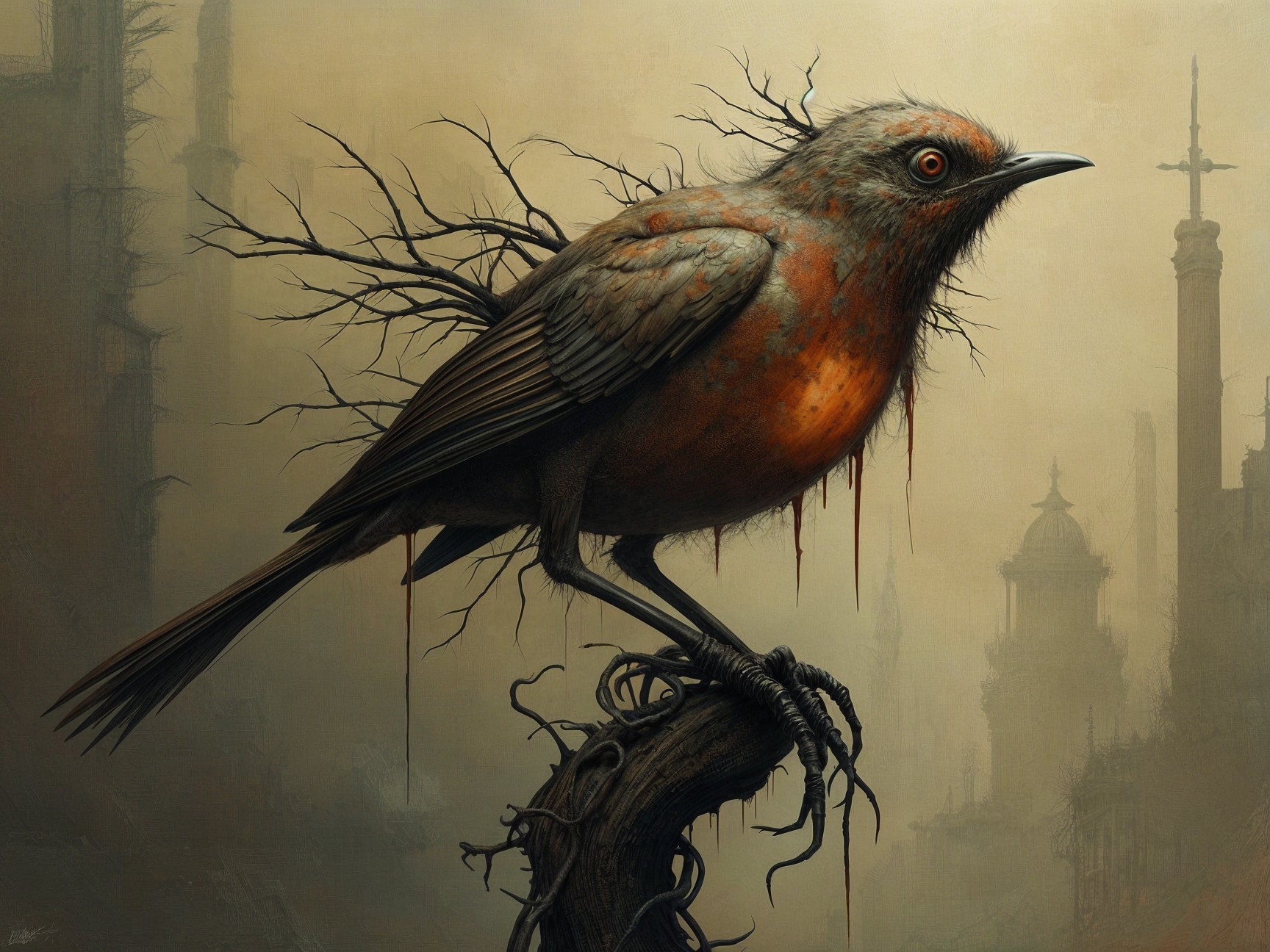 Surreal Bird on Twisted Branch in Dreamlike Scene