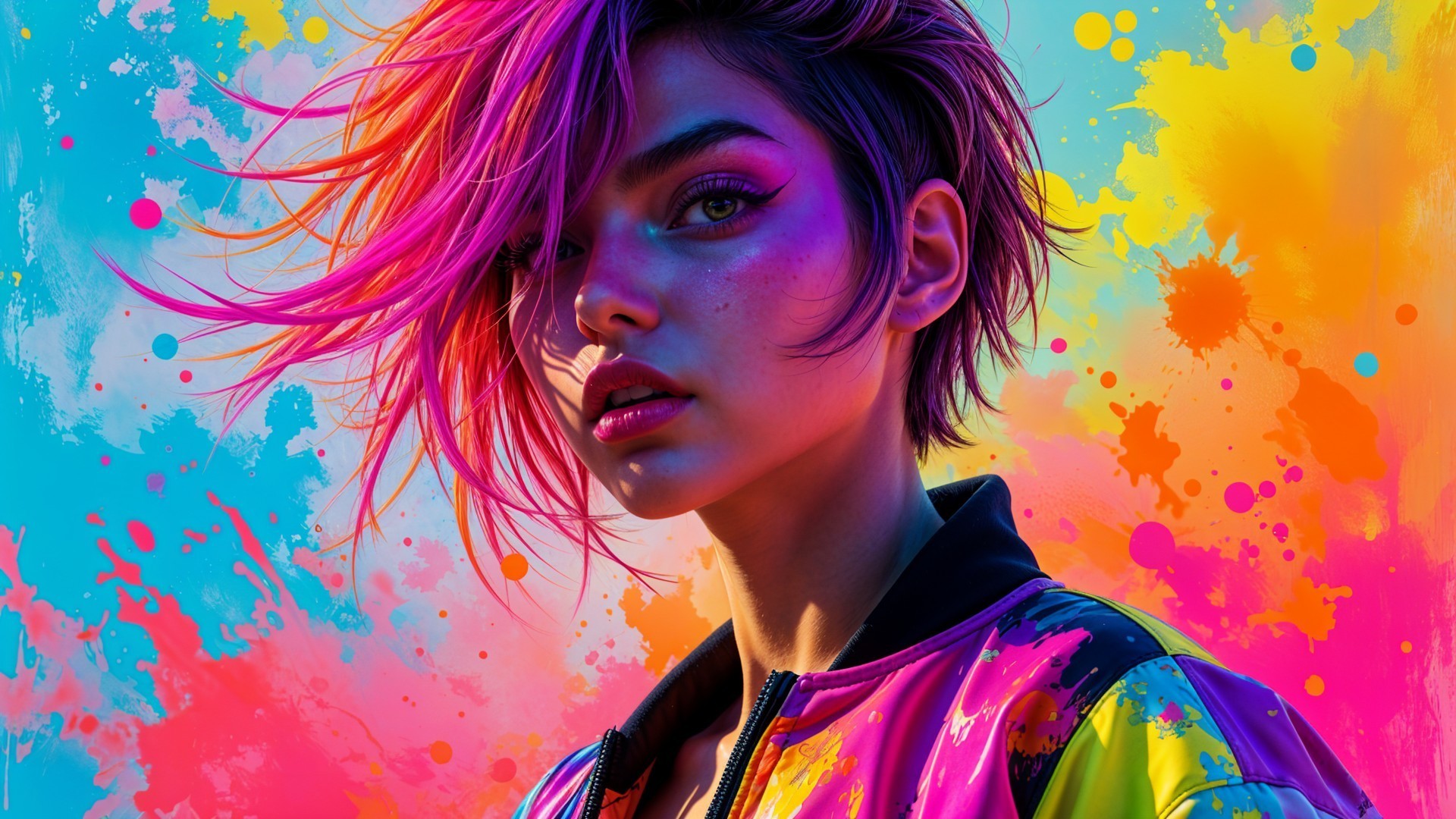 Portrait of a Young Woman with Pink Hair and Colorful Jacket
