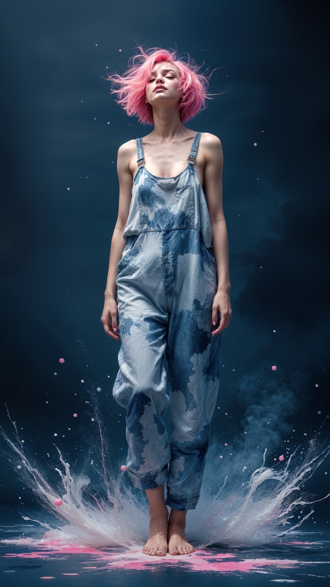 Model in Blue Tie-Dye Jumpsuit with Pink Paint Splashes