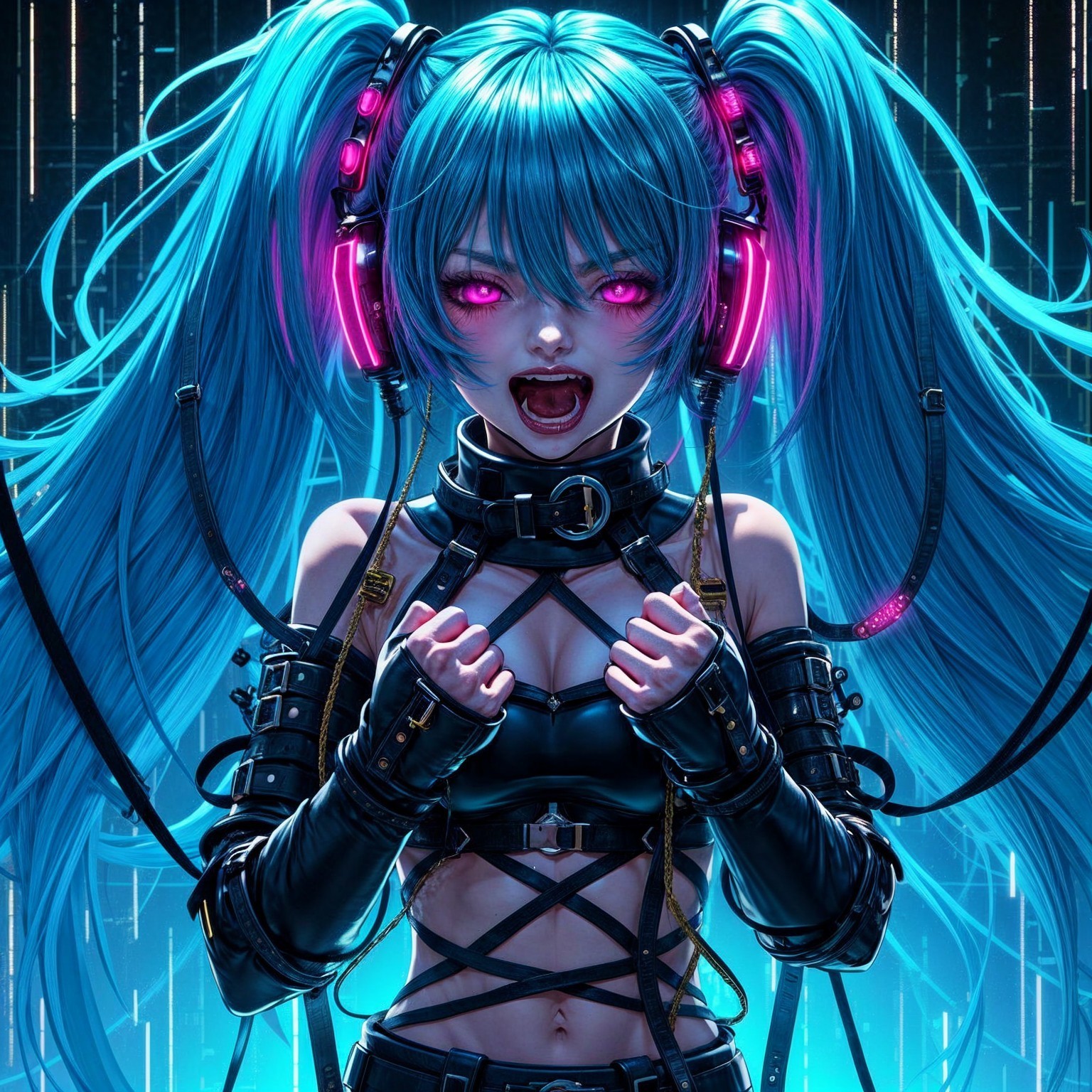 Character with Blue Hair and Pink Headphones in Futuristic Setting