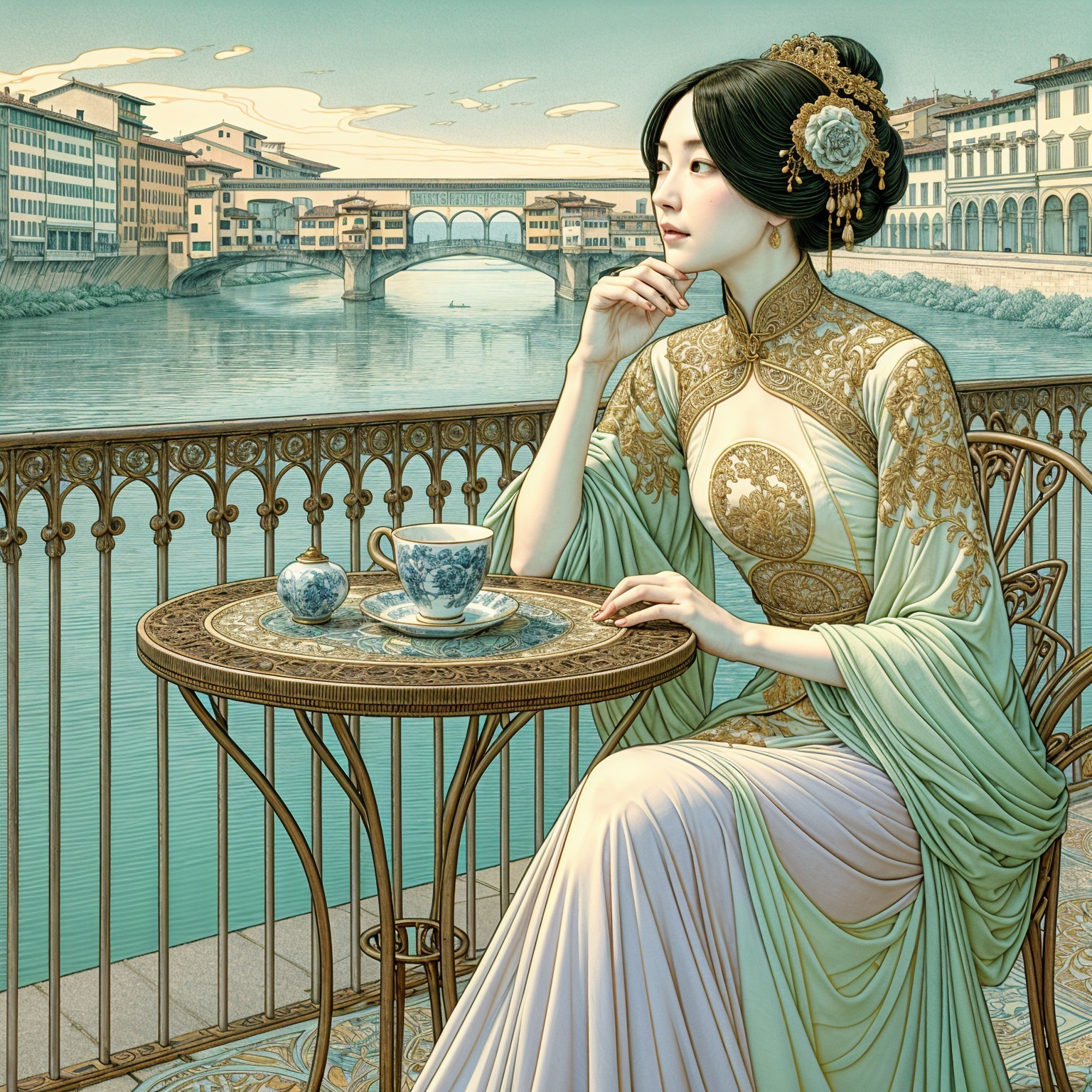 Serene Woman in Traditional Gown by Picturesque River