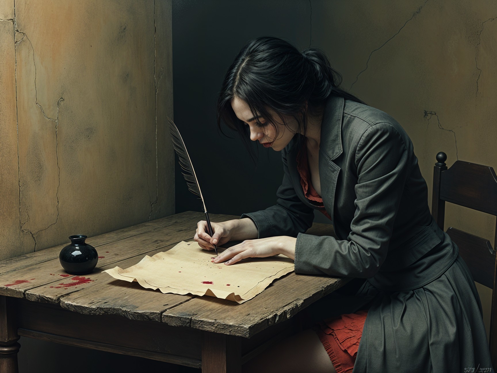 Young Woman in Vintage Suit Writing with Quill