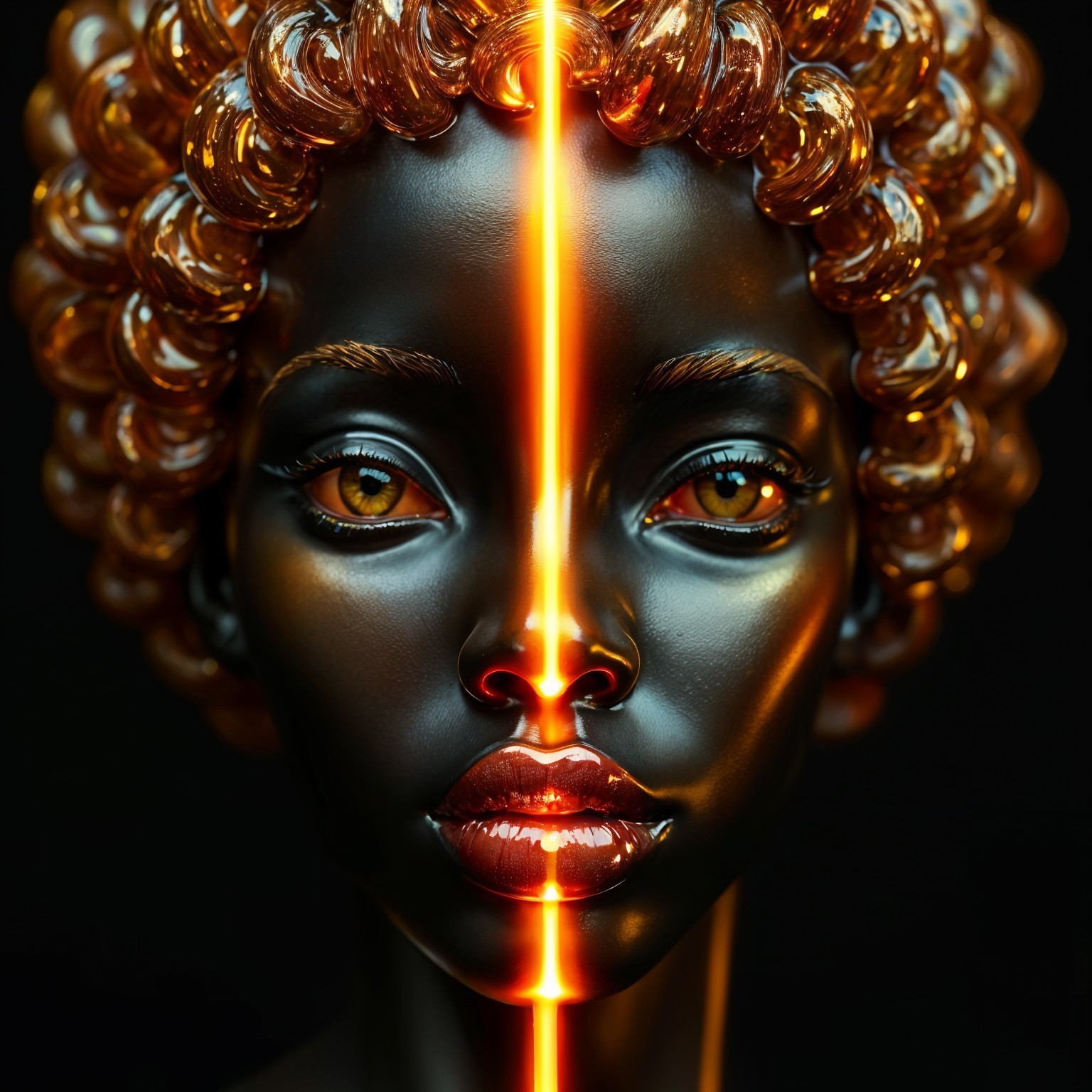 Hyper-realistic sculpture of a female figure with glow