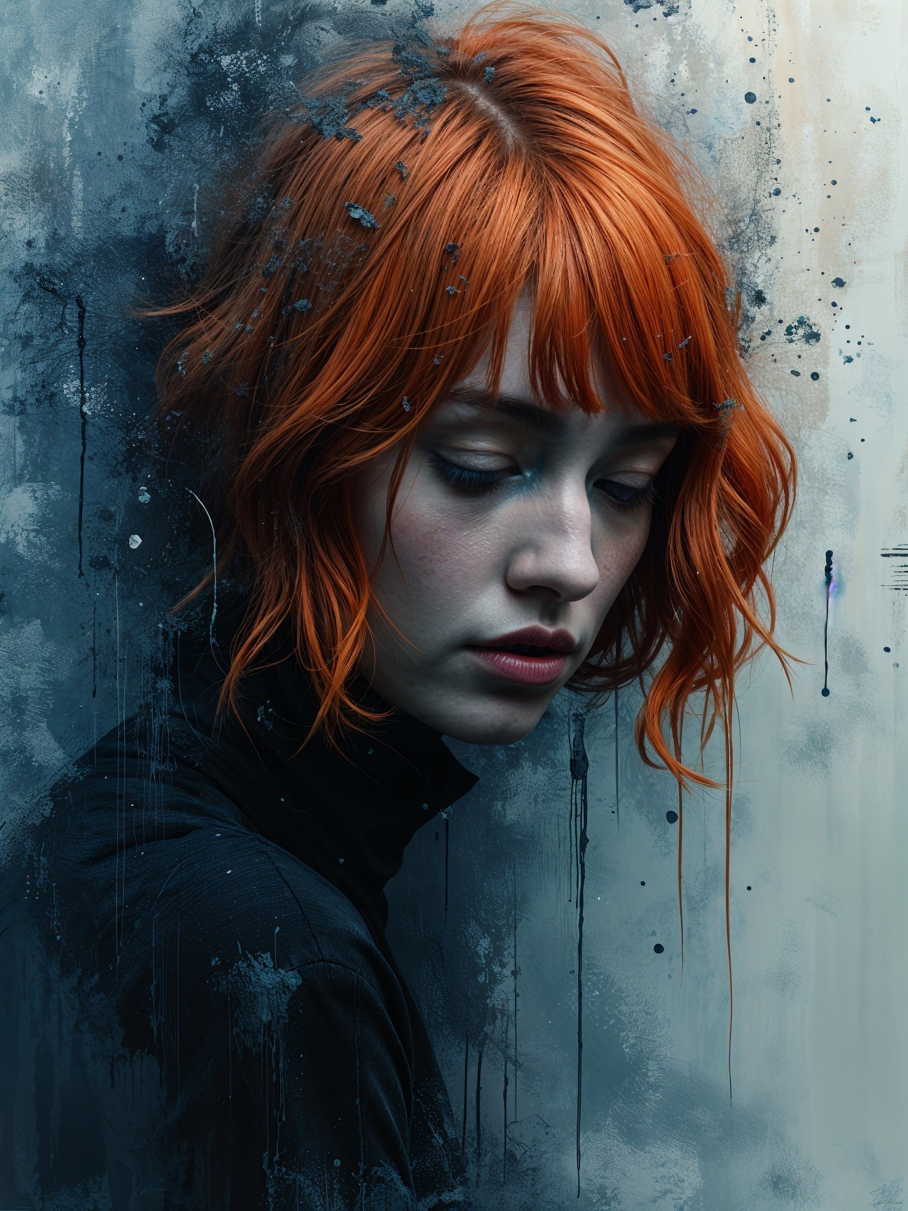 Young Woman with Orange Hair in Abstract Background