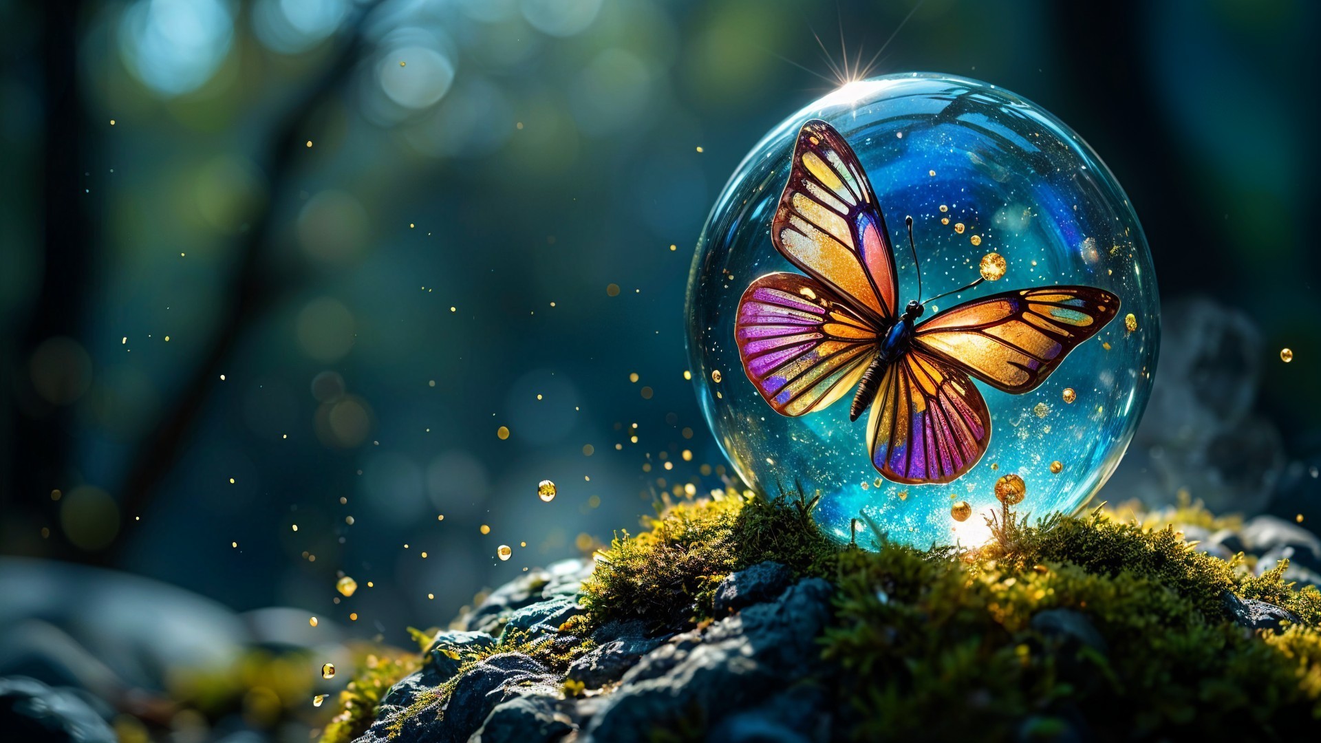 Butterfly in Glass Orb on Mossy Rock Surface