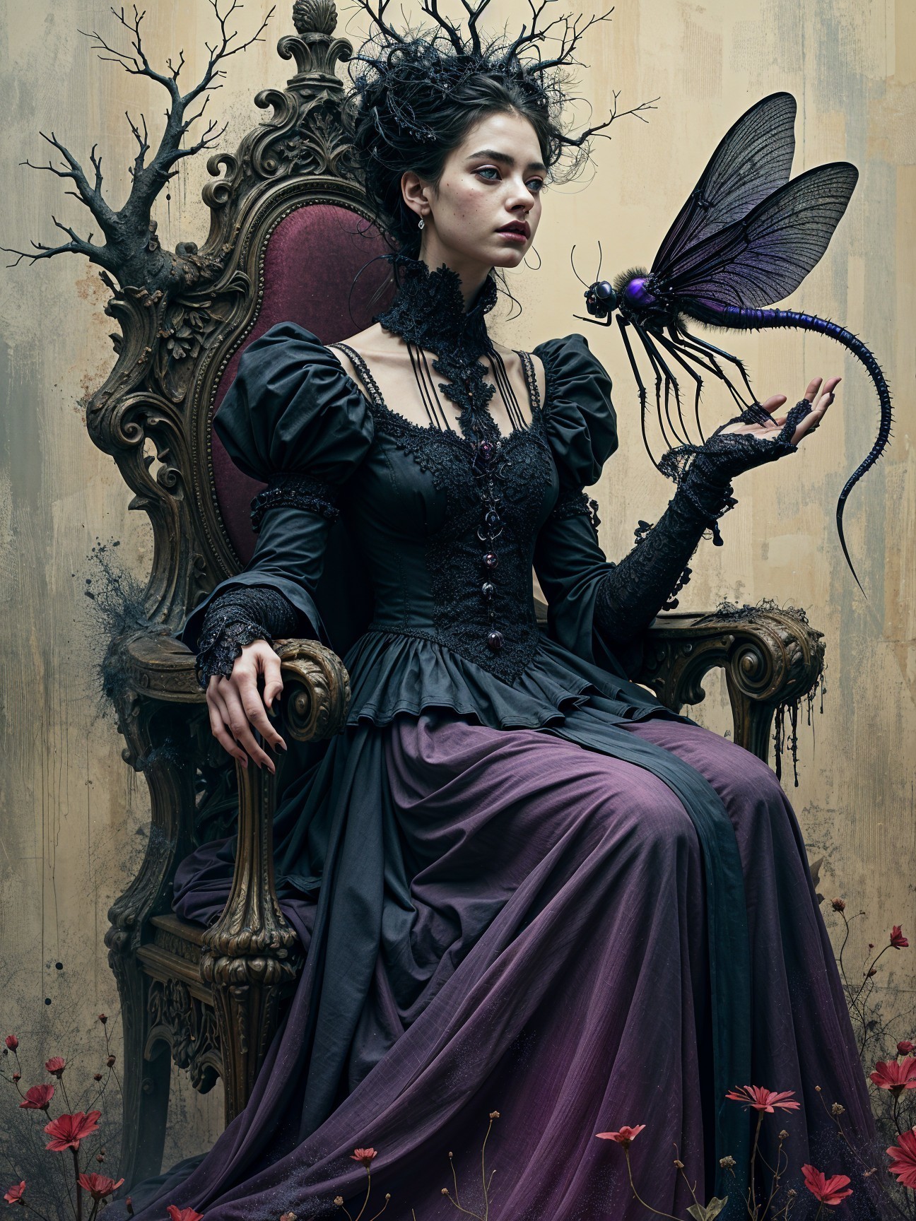 Regal Woman on Throne with Surreal Insect and Gothic Background
