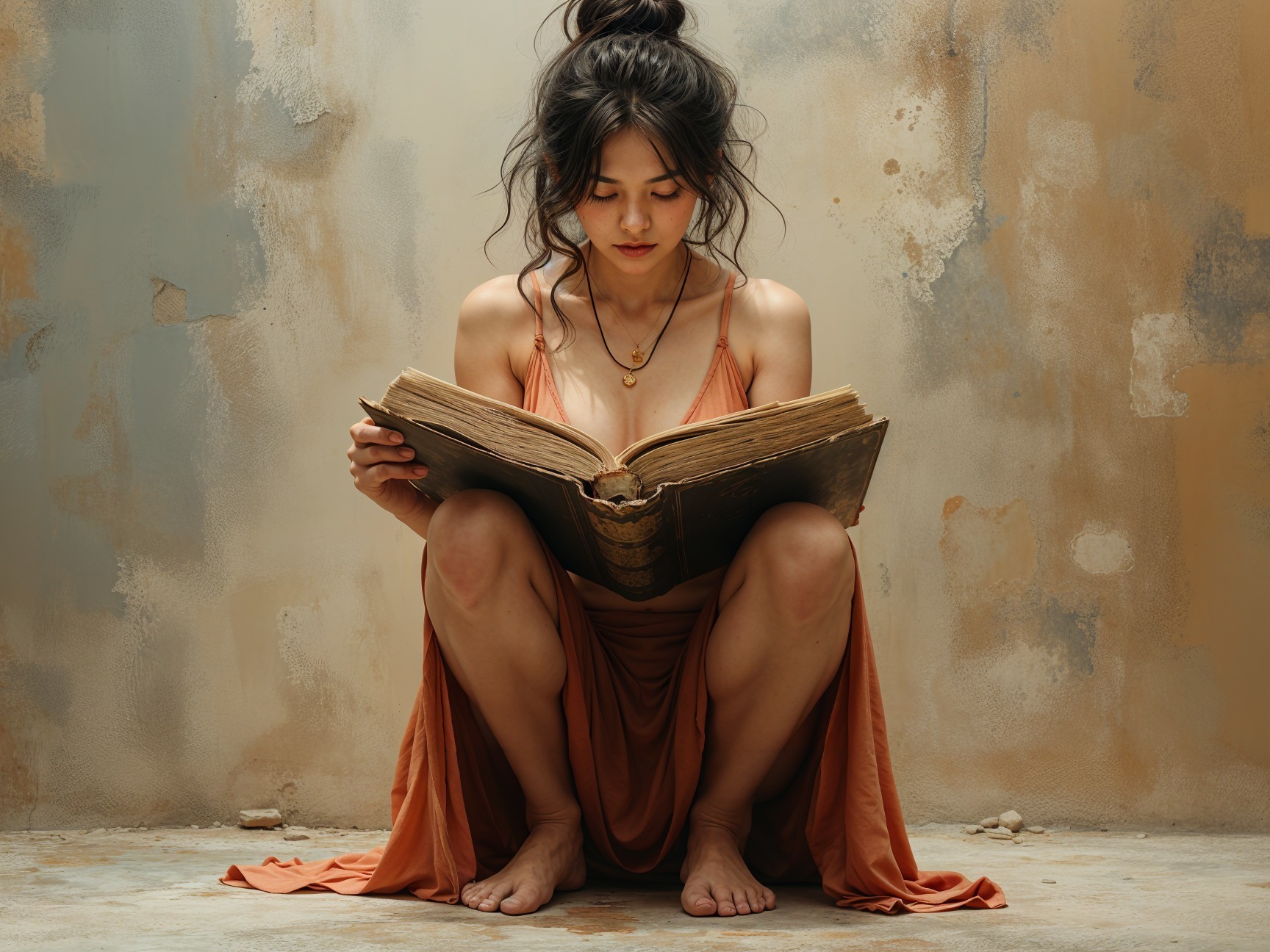 Young Woman in Orange Dress Reading a Large Book