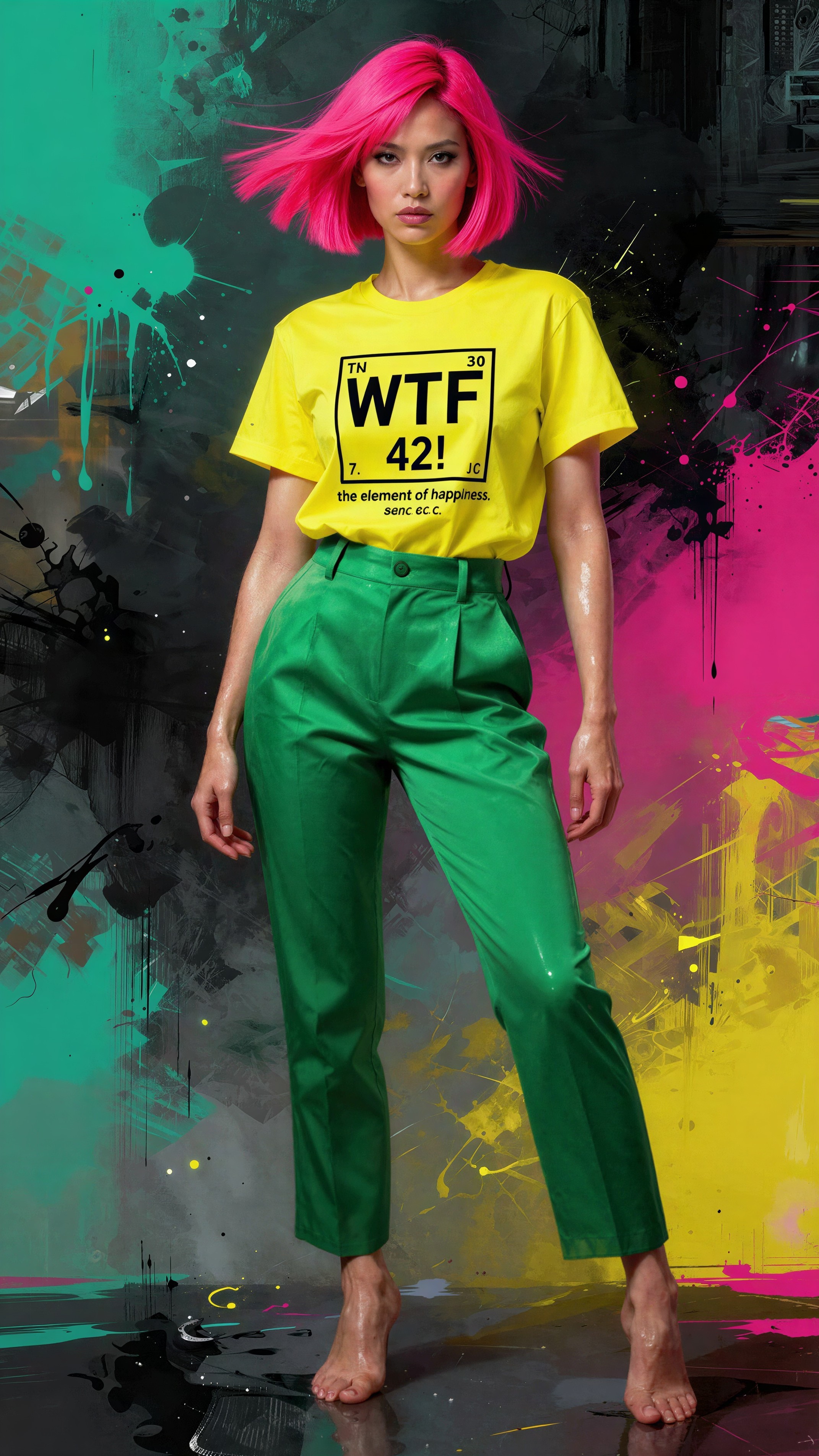 Full body portrait of an eastern Asian woman in bright attire