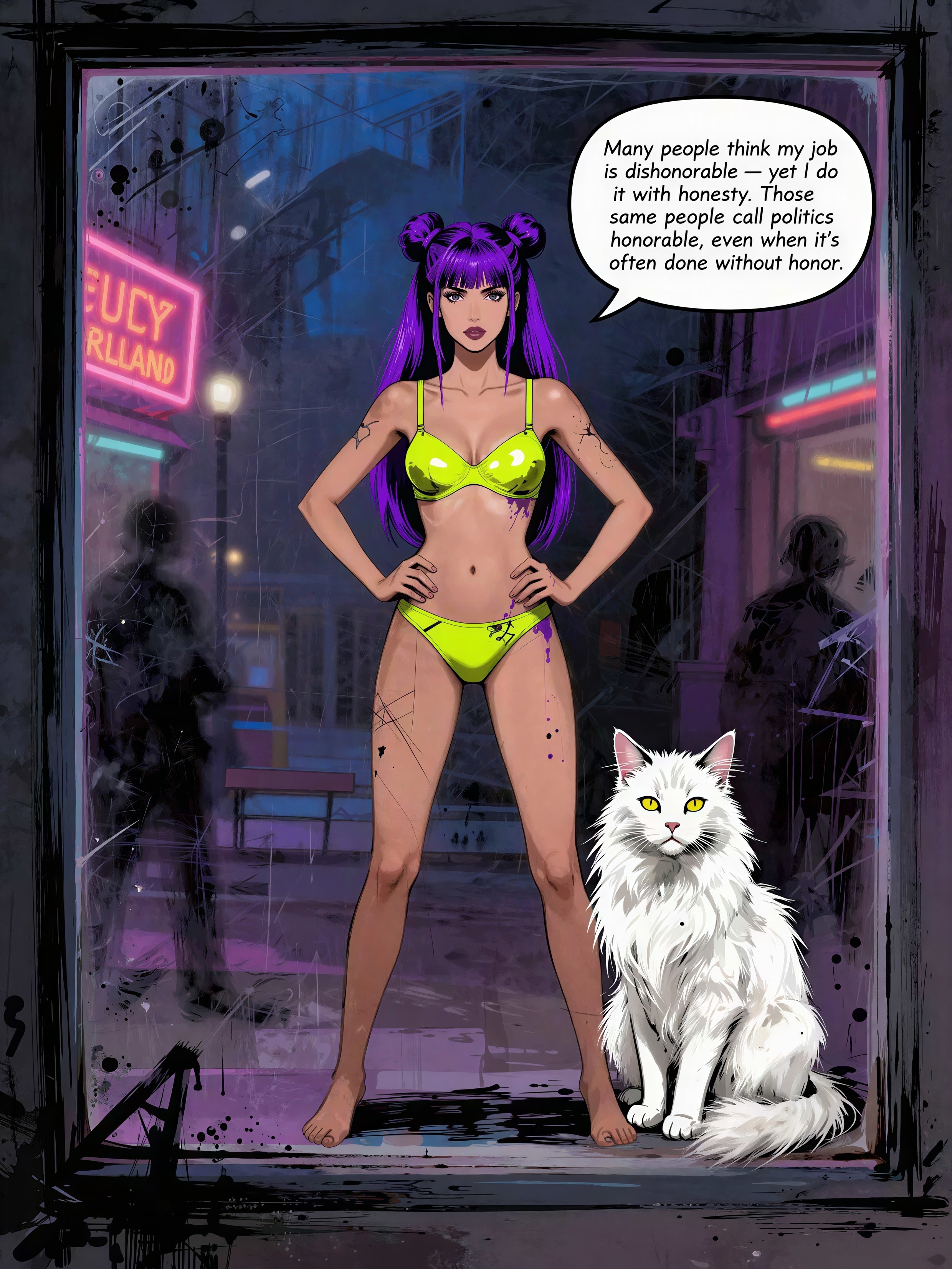 Full body portrait of a woman with violet hair and bikini