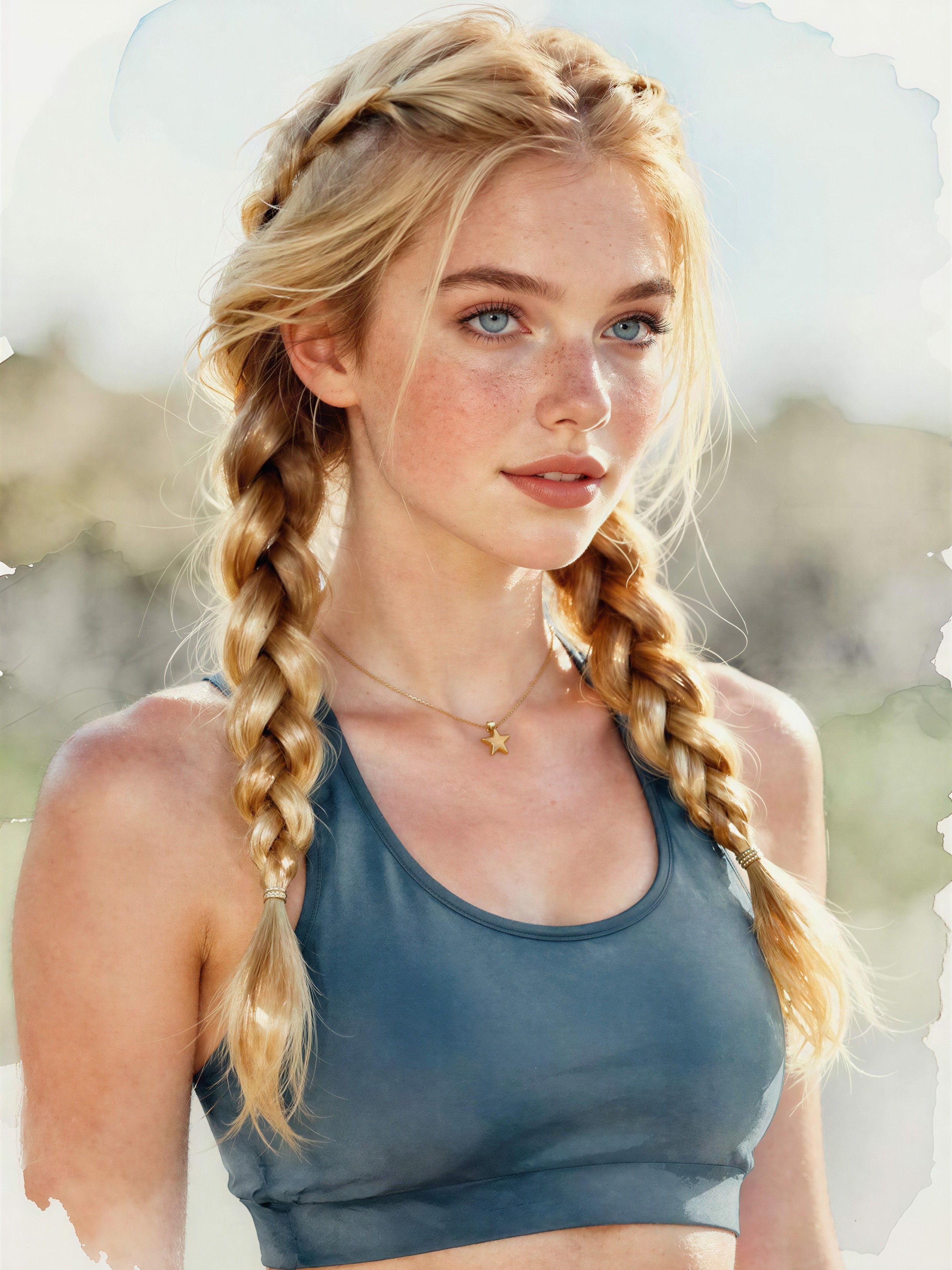 Young woman with braids and teal sports bra portrait