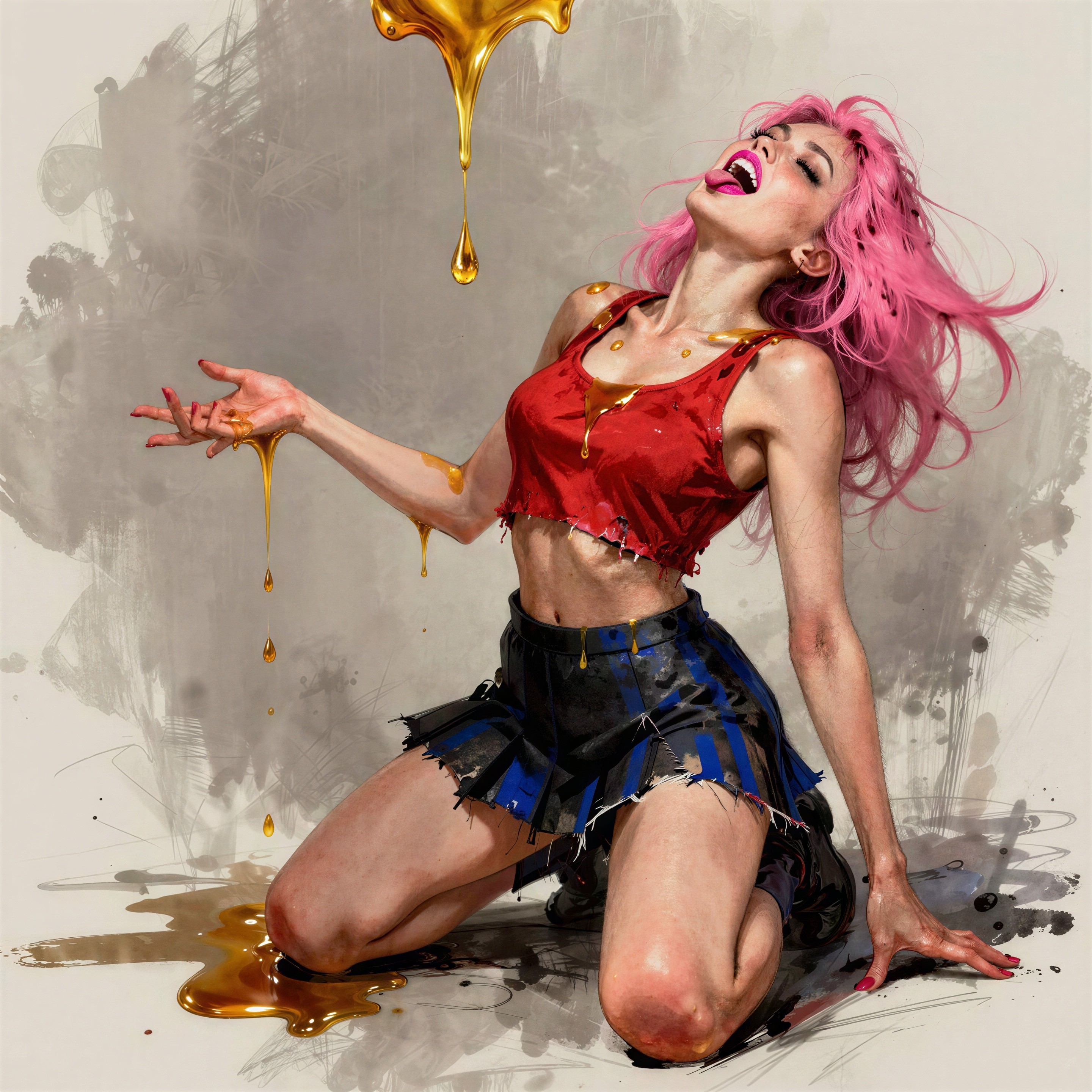 Pale-Skinned Woman with Pink Hair and Honey Dripping