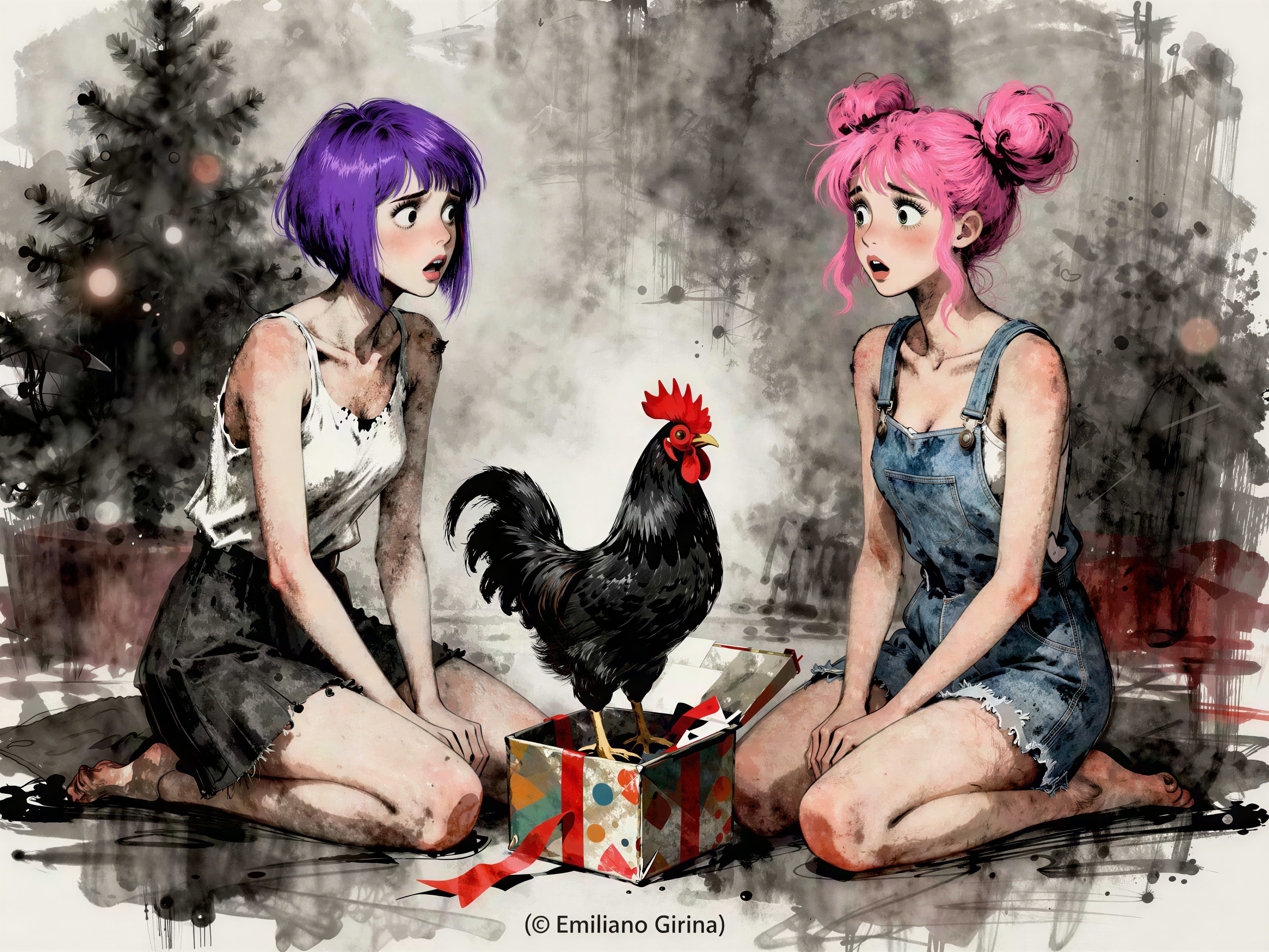 Anime Girls Surprised by Rooster in Christmas Scene