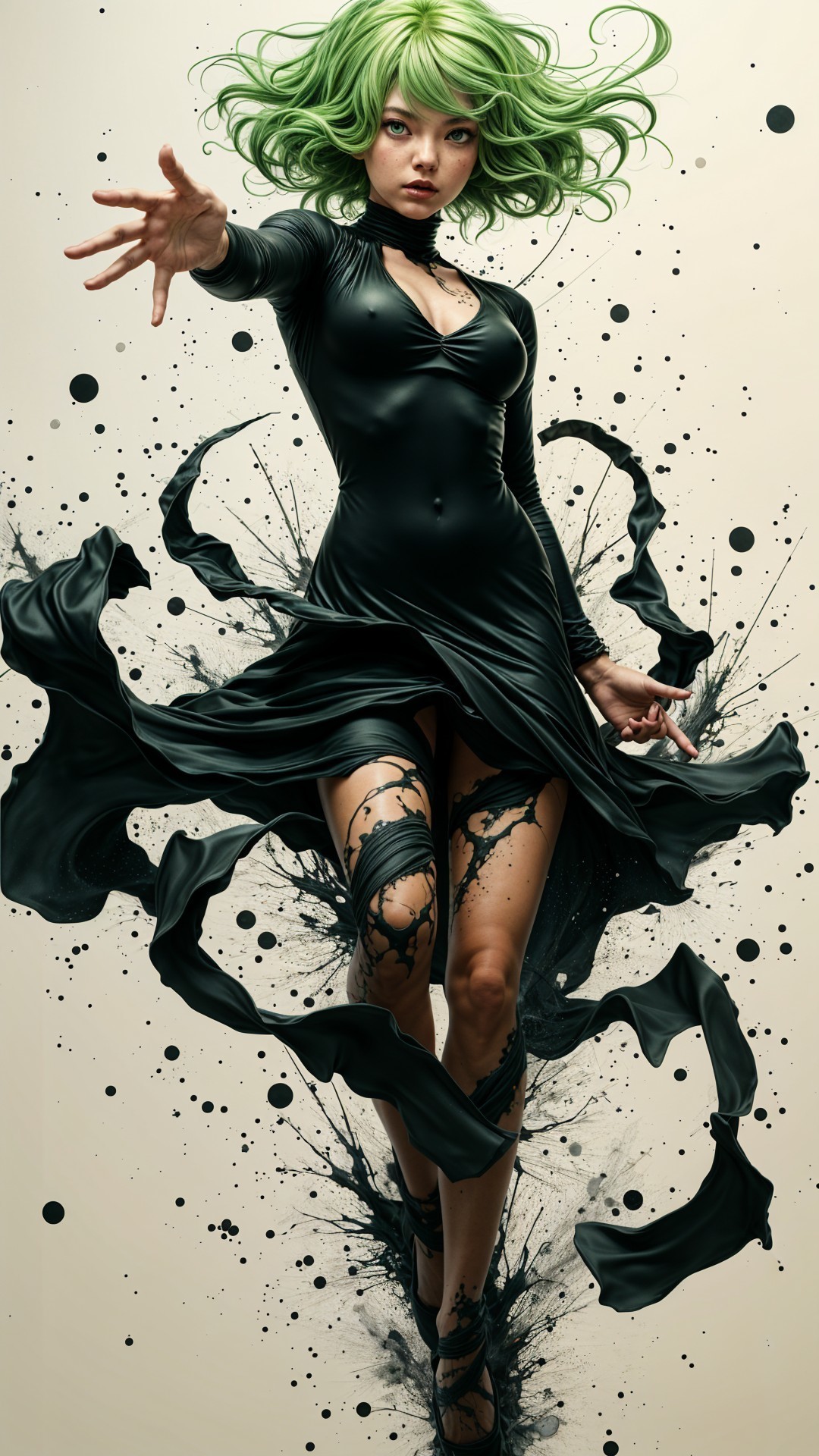 Vibrant Green Hair and Black Dress in Abstract Setting