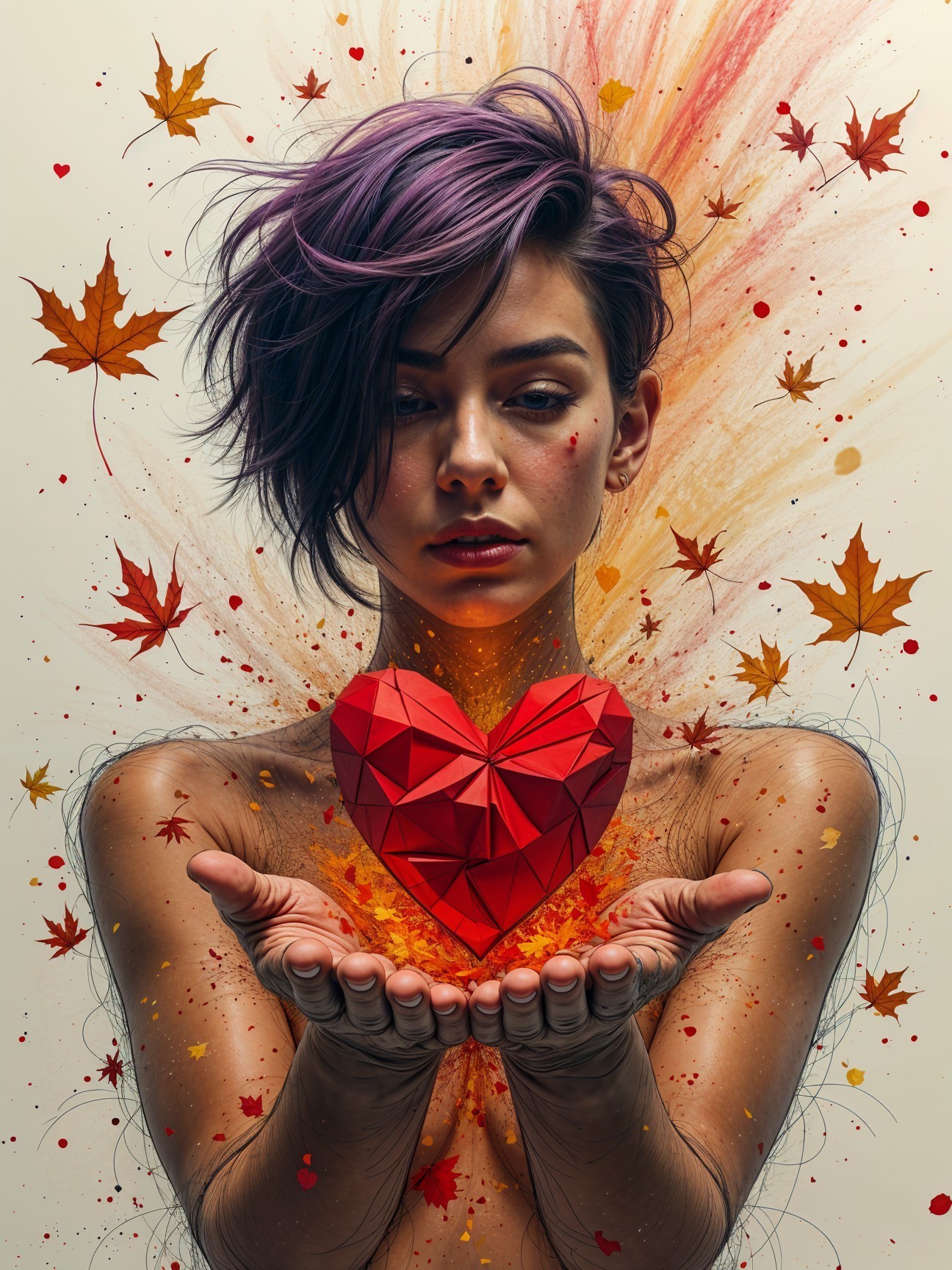 Young Woman with Purple Hair and Geometric Heart