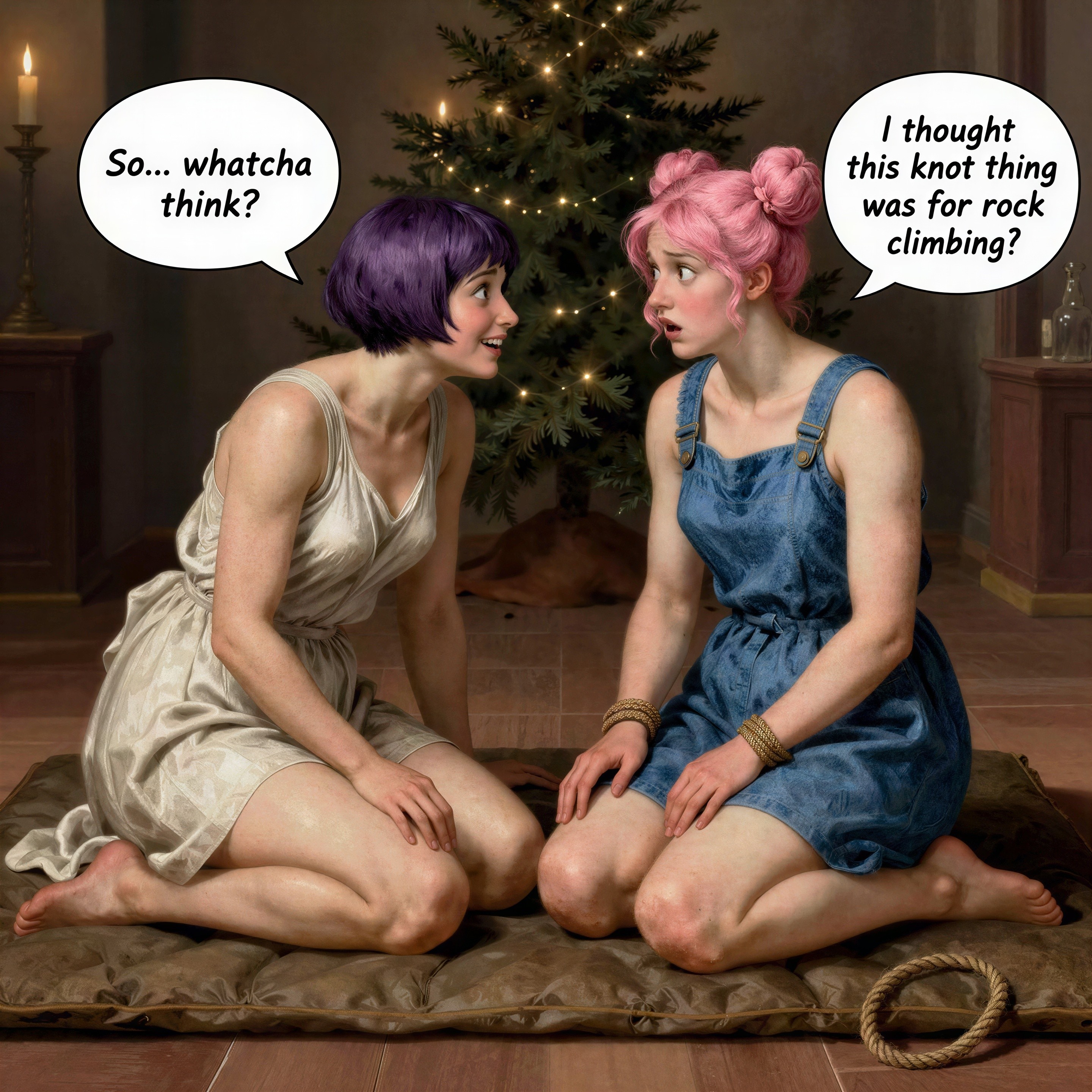 Women with Short Hair Sitting by a Dimly Lit Christmas Tree