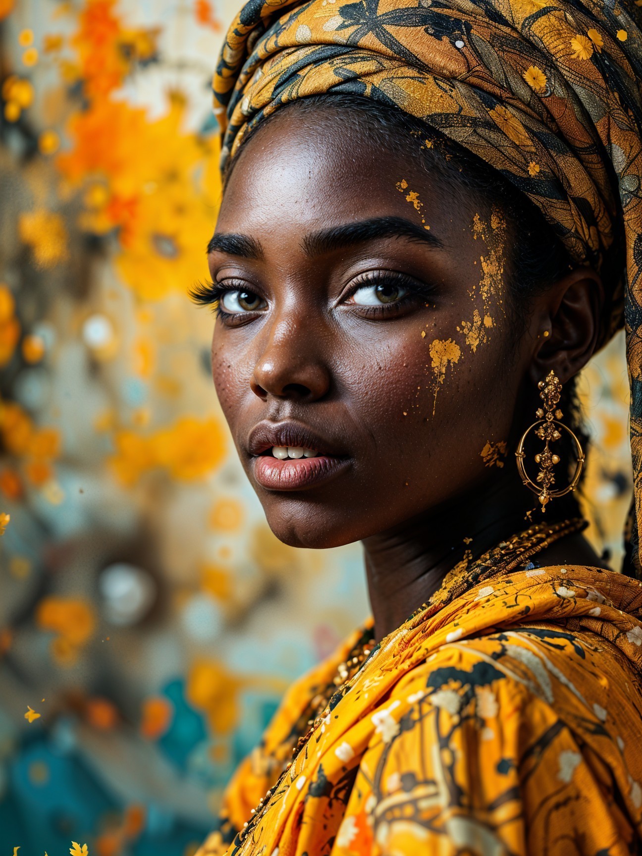 Young Woman in Vibrant Yellow with Floral Background