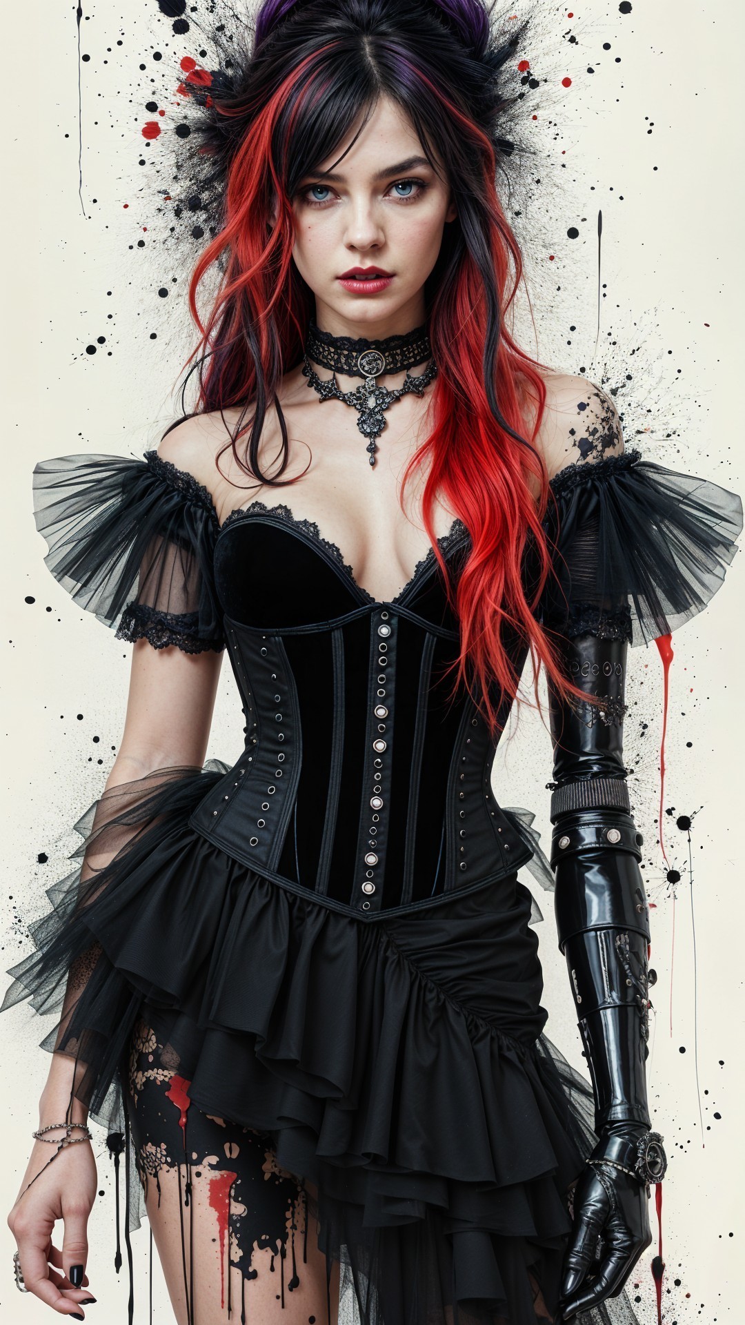 Dramatic Black Corset with Frilly Skirt and Bold Makeup