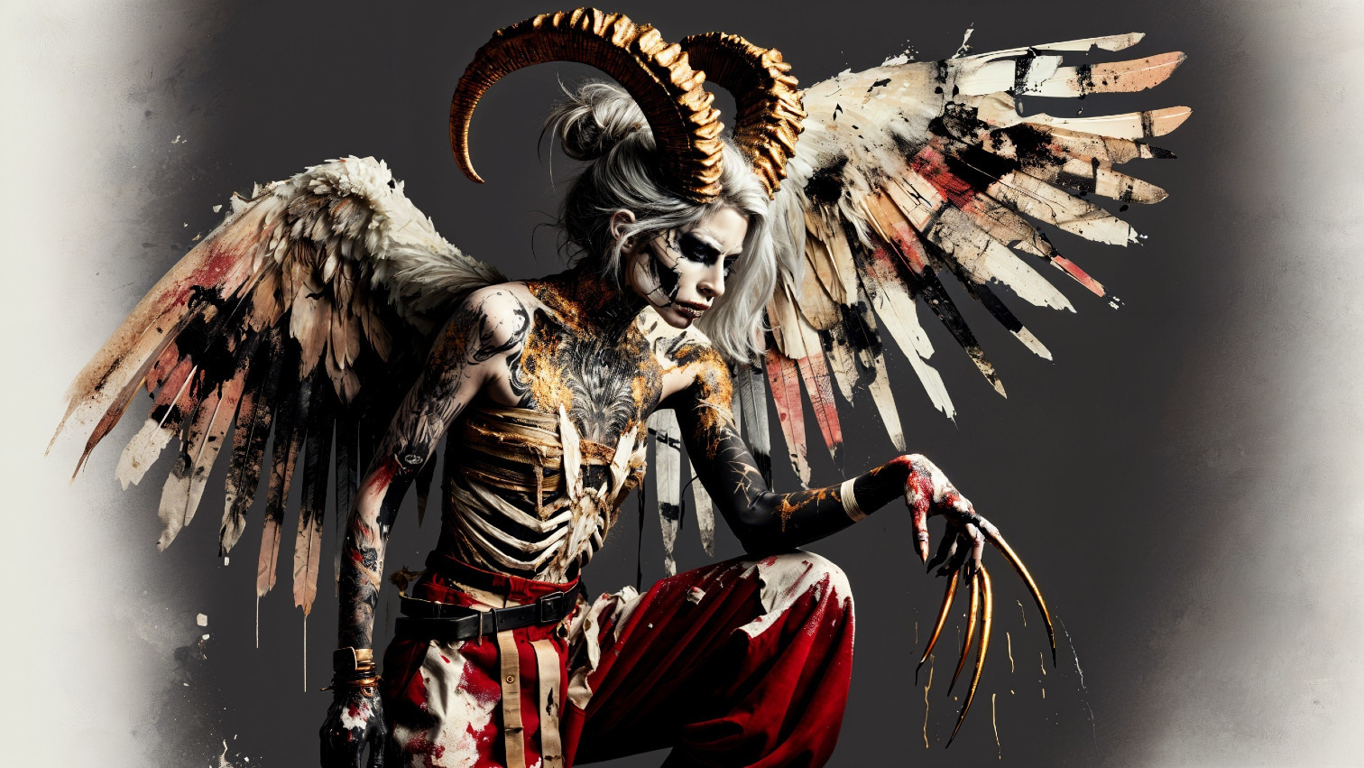Figure with Feathered Wings and Intricate Tattoos