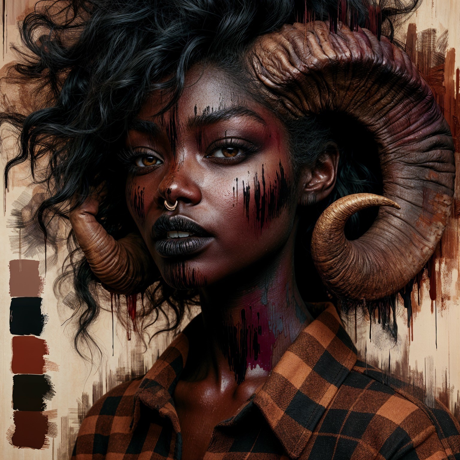 Portrait of a Woman with Dark Skin and Ram Horns