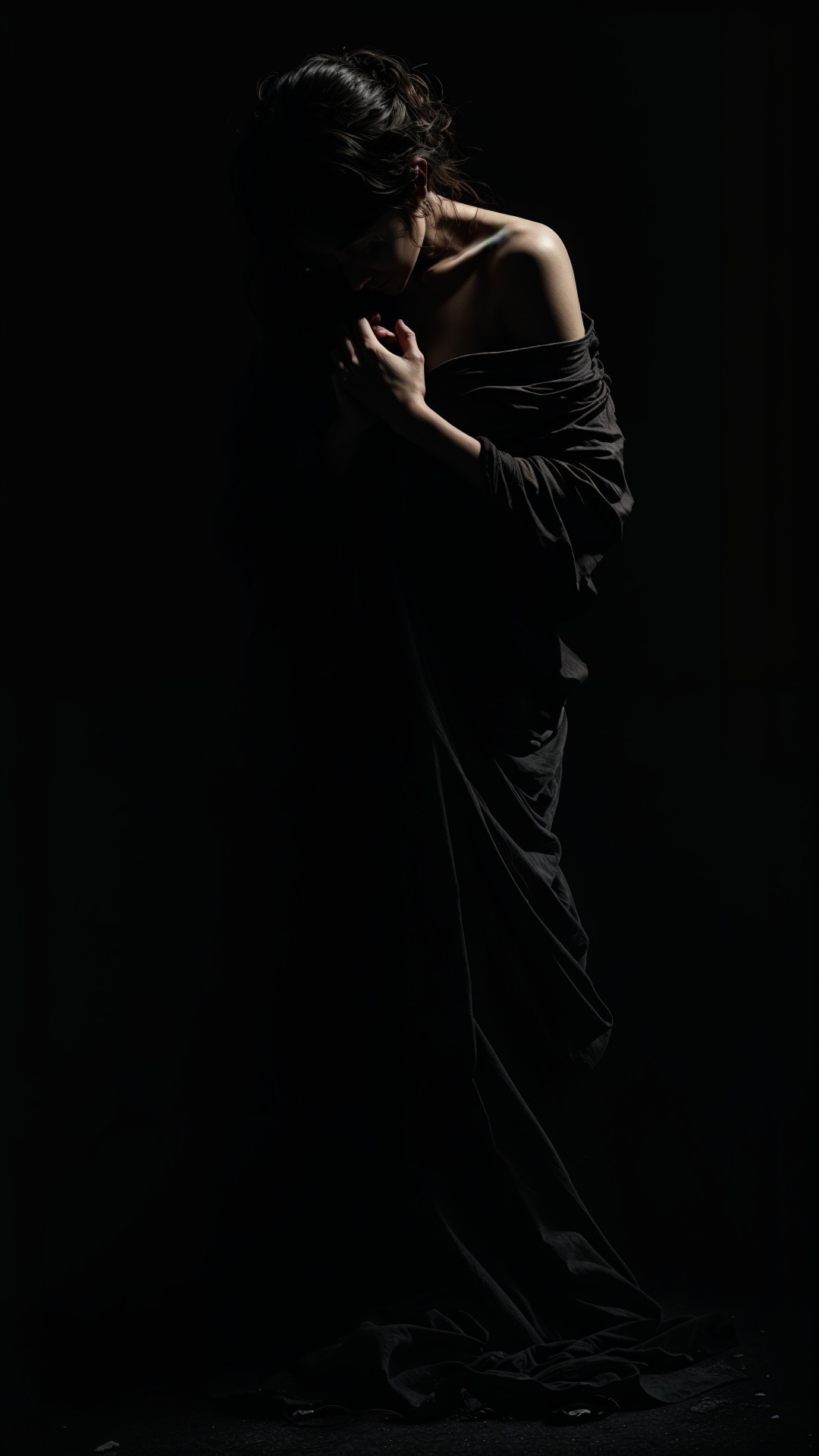 Mysterious Figure in Black Fabric Against Dark Background