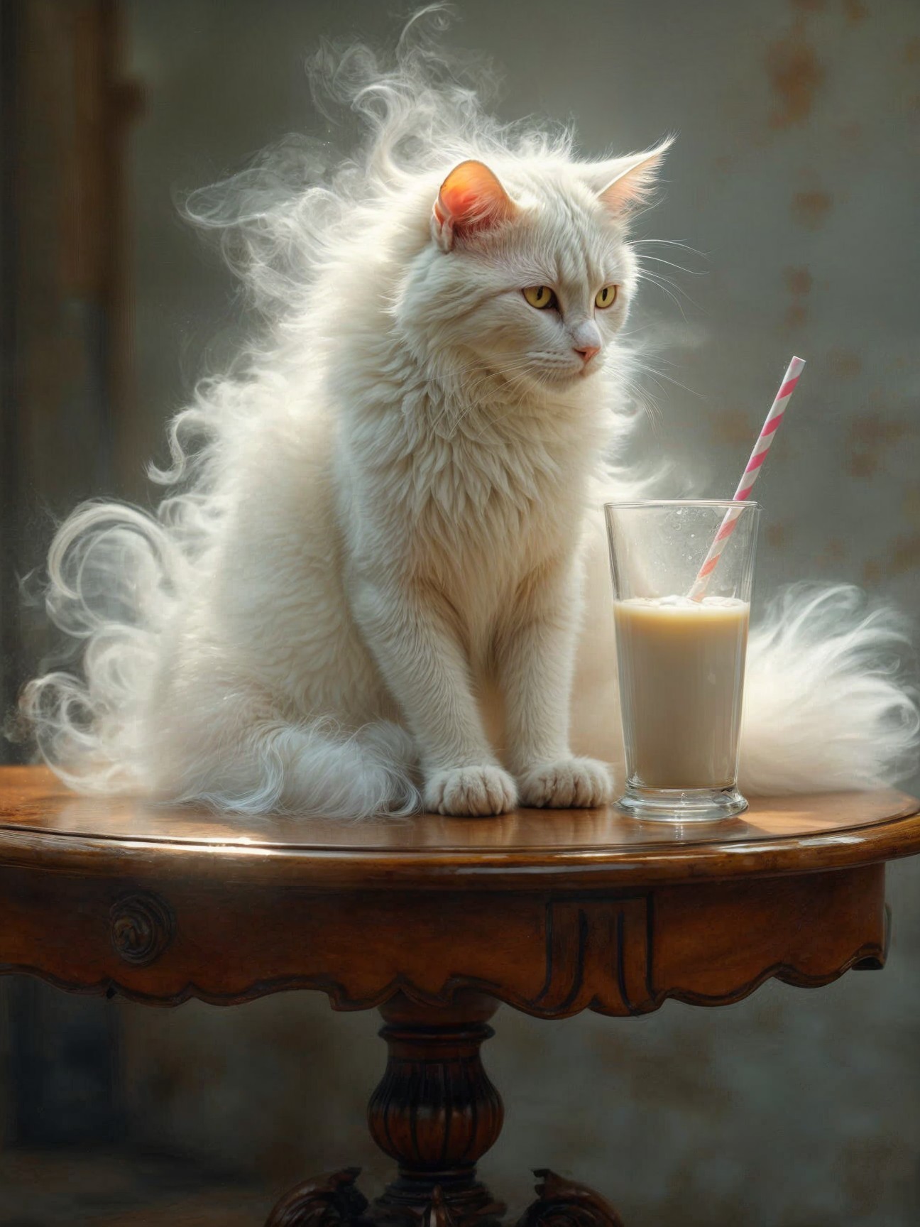 Majestic White Cat with Yellow Eyes on Wooden Table