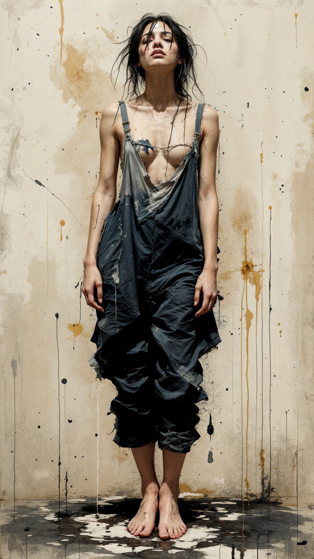 Figure in Tattered Overalls Against Textured Wall