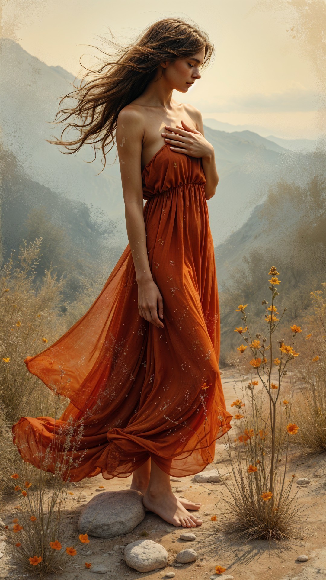 Young woman in orange dress on rocky path with flowers