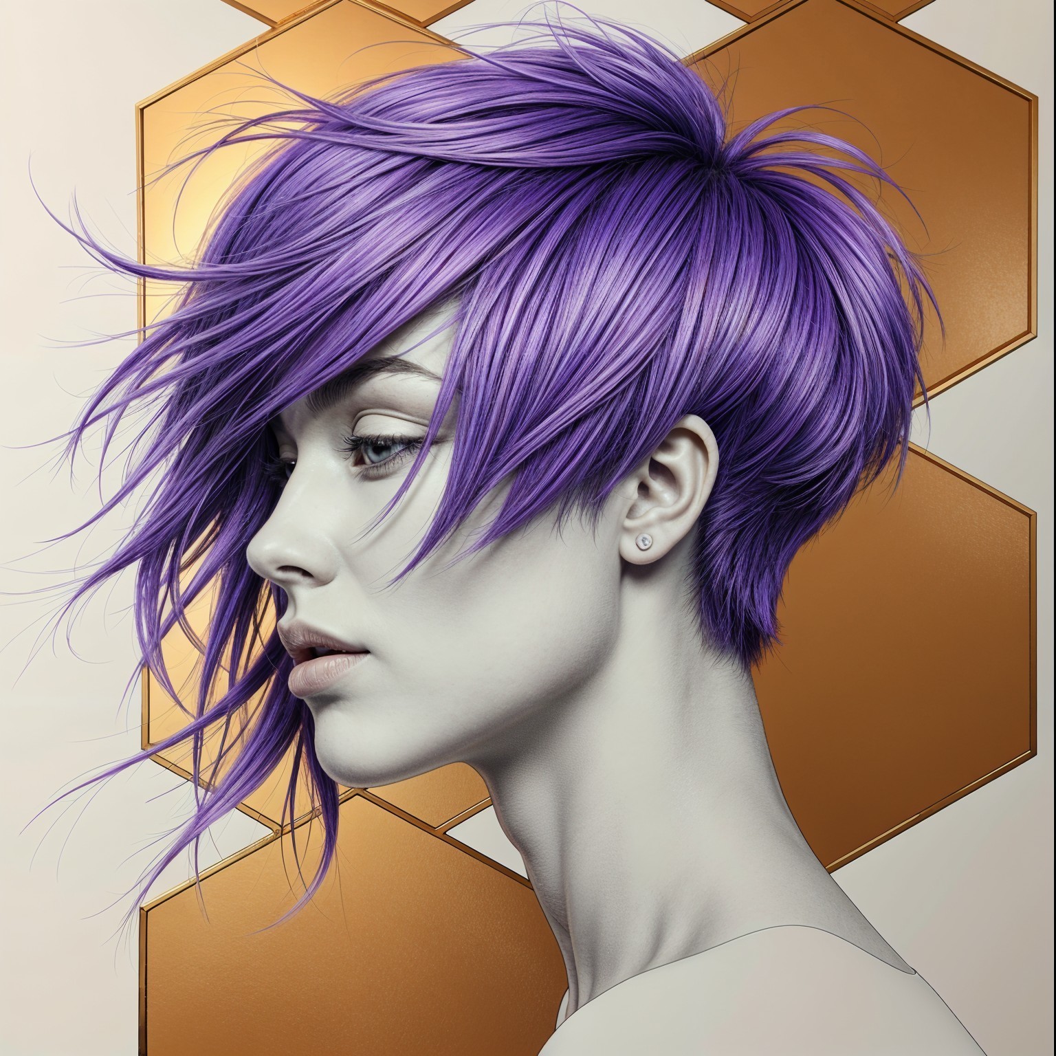 Profile View of Woman with Purple Hair and Hexagon Background