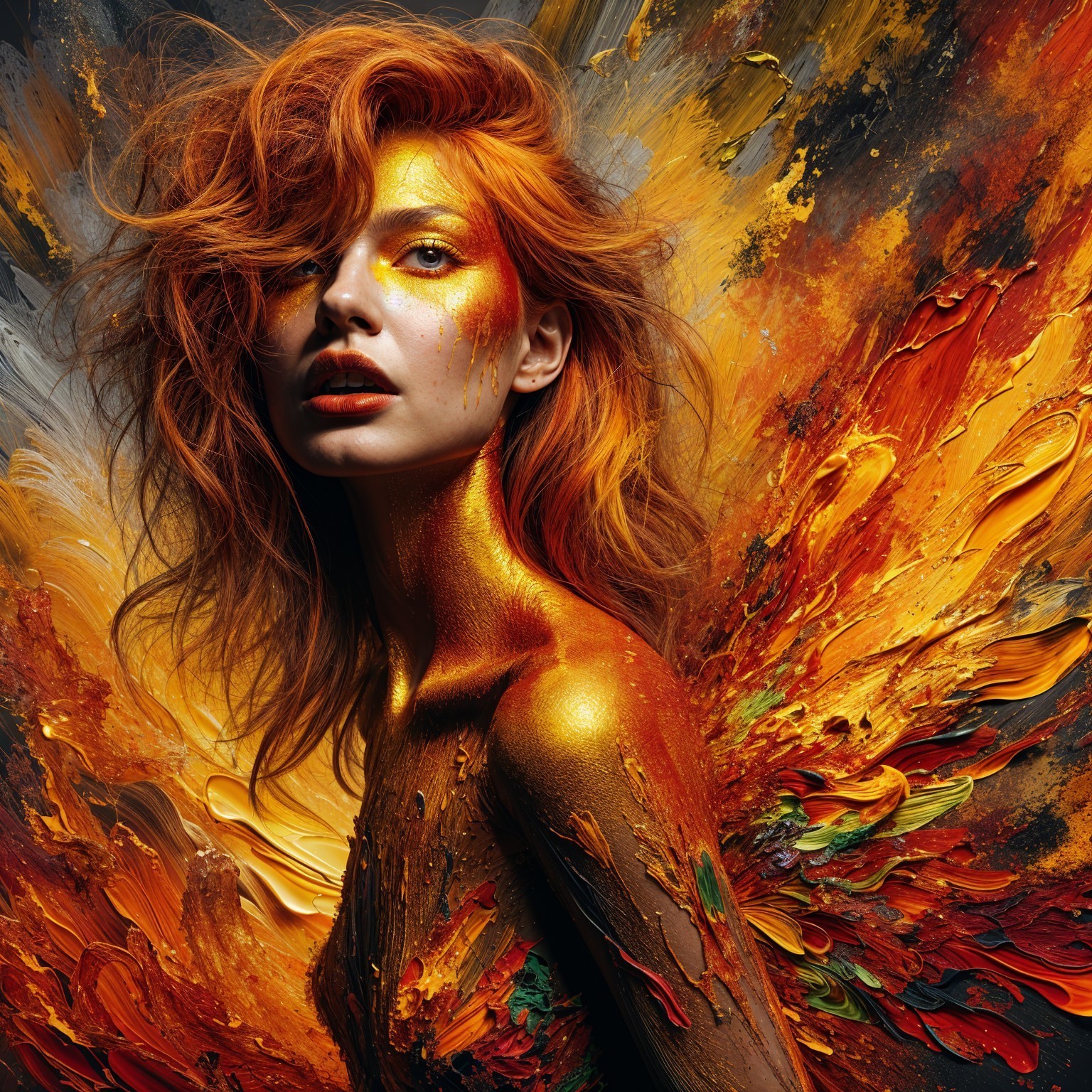 Vibrant Figure with Fiery Hair and Golden Skin