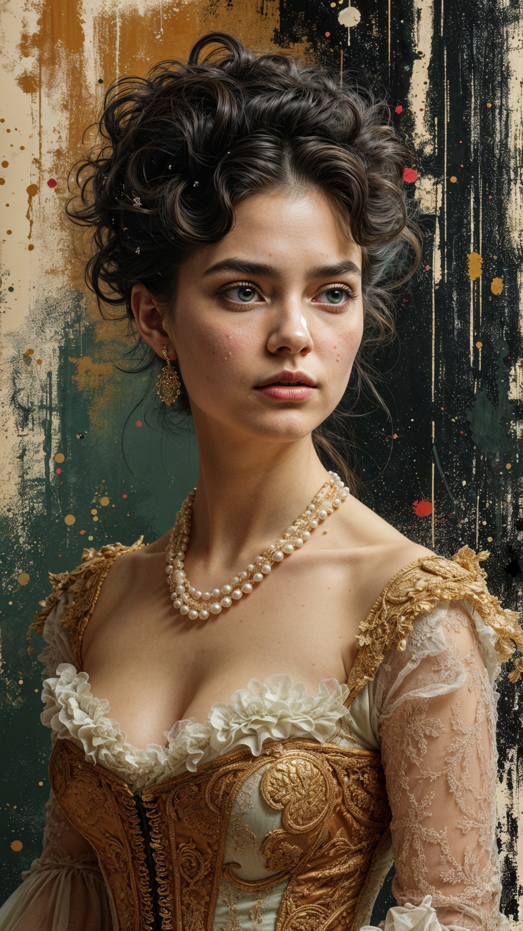 Young woman in vintage gown with elegant backdrop