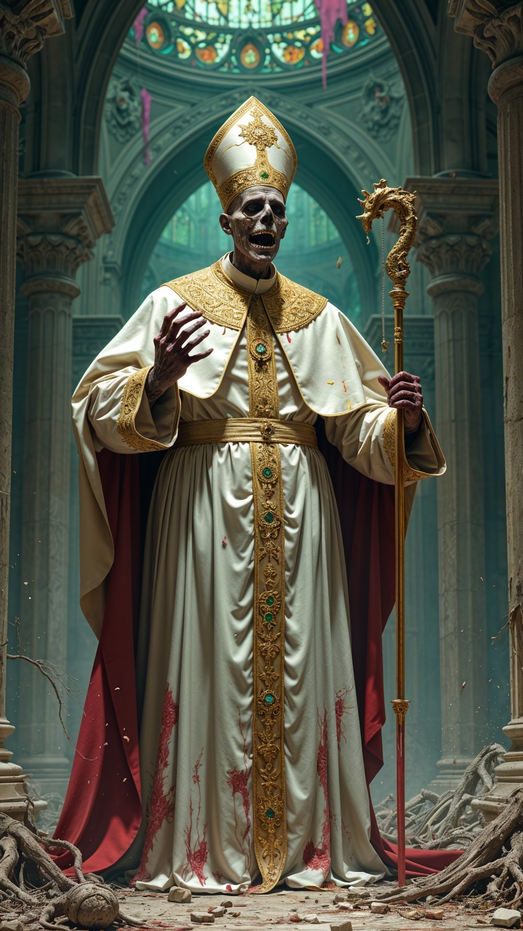 Skeletal Figure in Papal Robes in Decaying Cathedral
