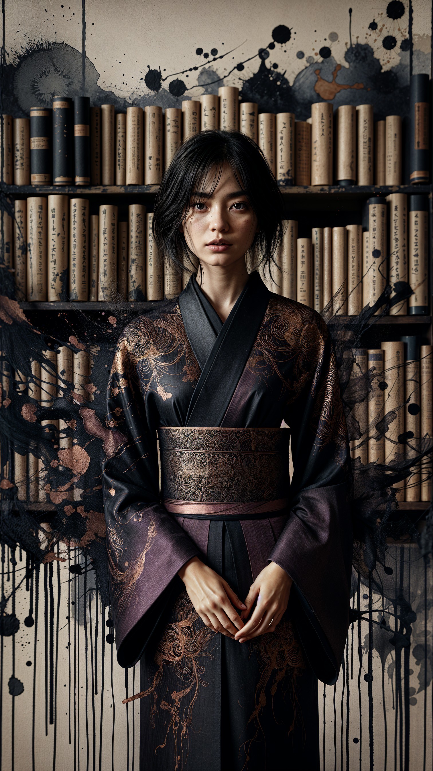 Young Woman in Elegant Black Kimono with Books