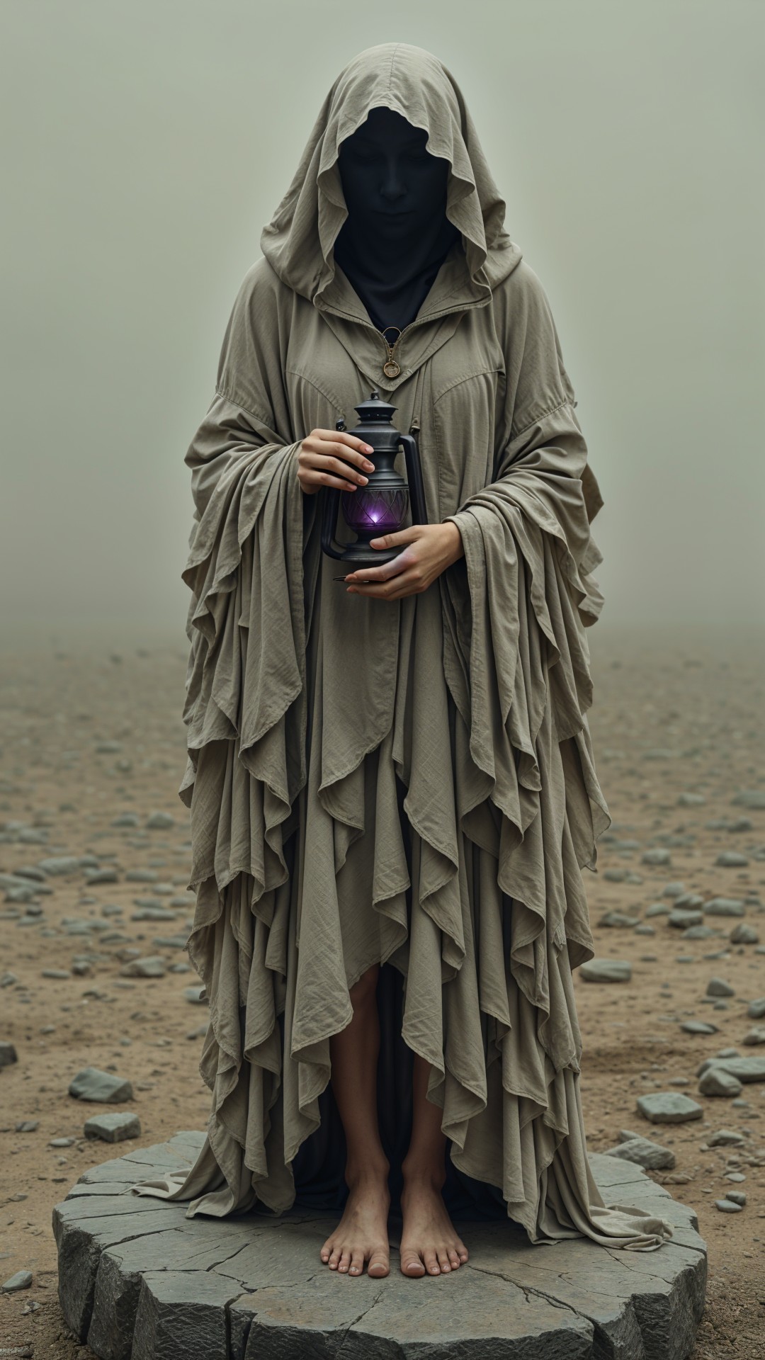 Cloaked Figure in Misty Desolate Landscape with Lantern