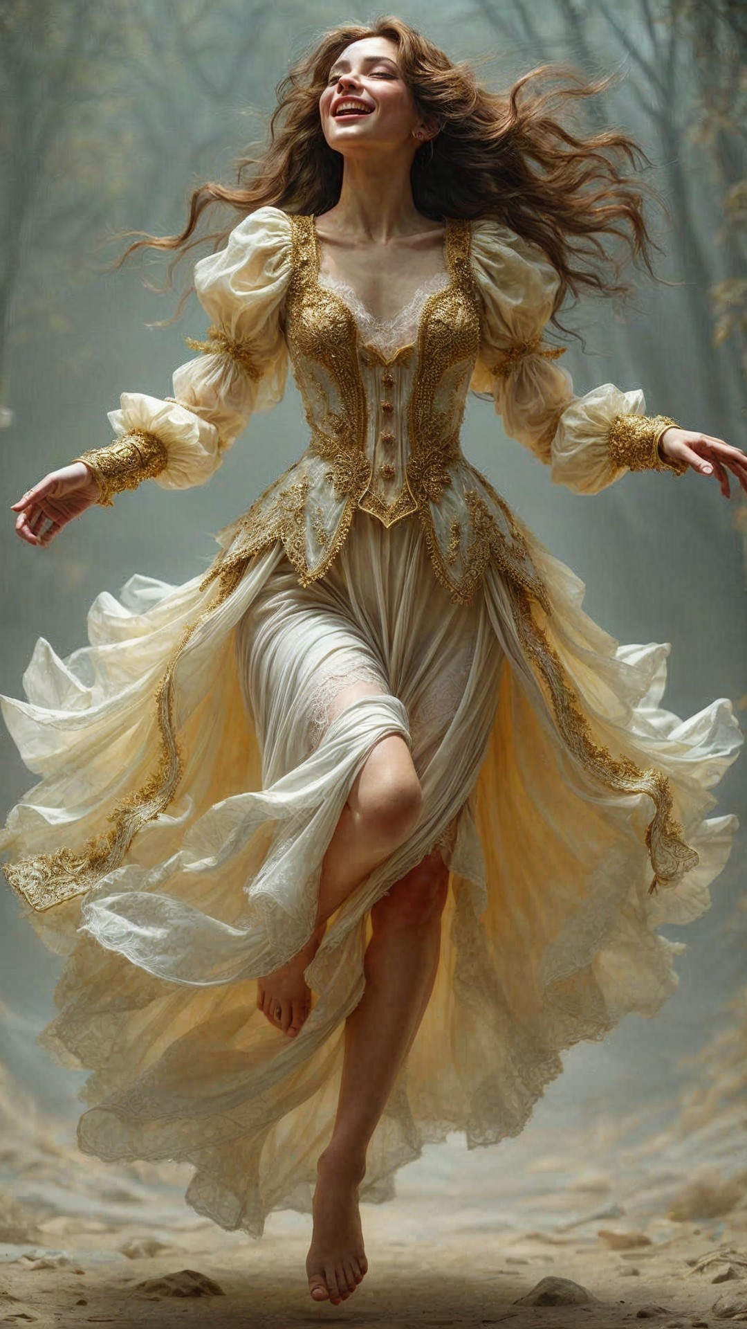Joyful Woman in Flowing Dress Twirling in Forest