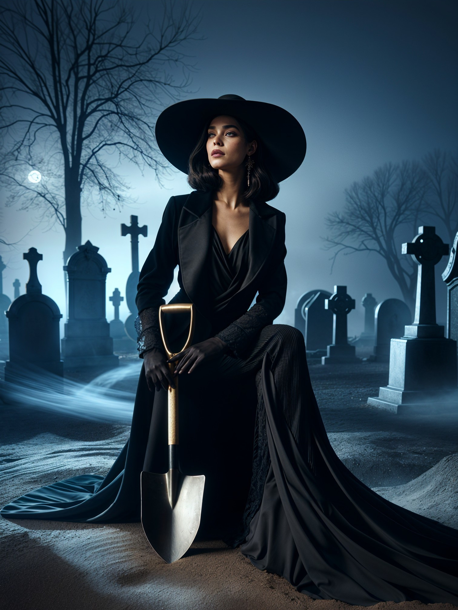 Elegant Woman in Black Gown in Haunting Graveyard