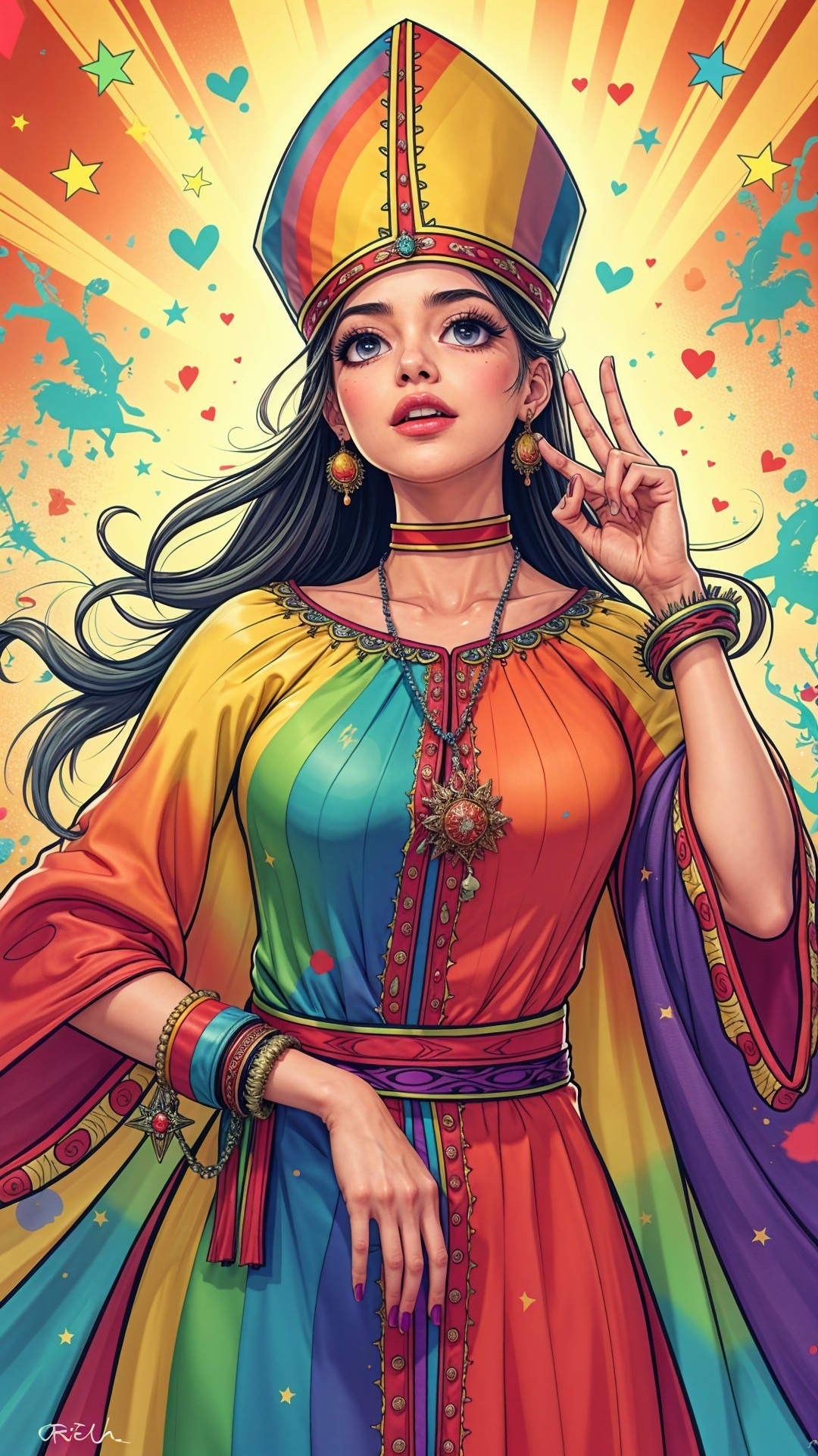 Vibrant illustration of a young woman in rainbow outfit
