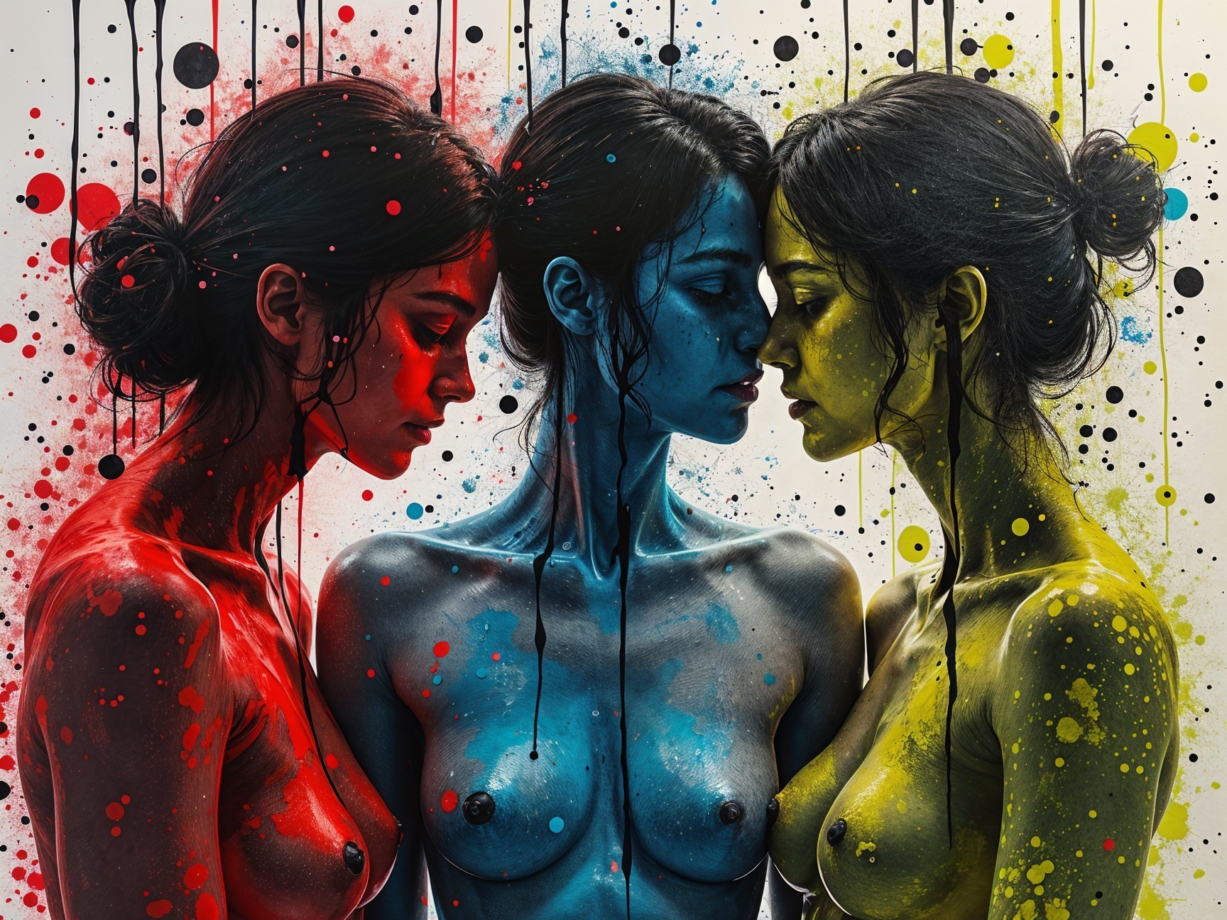 Three Women Painted in Vibrant Colors with Colorful Backdrop